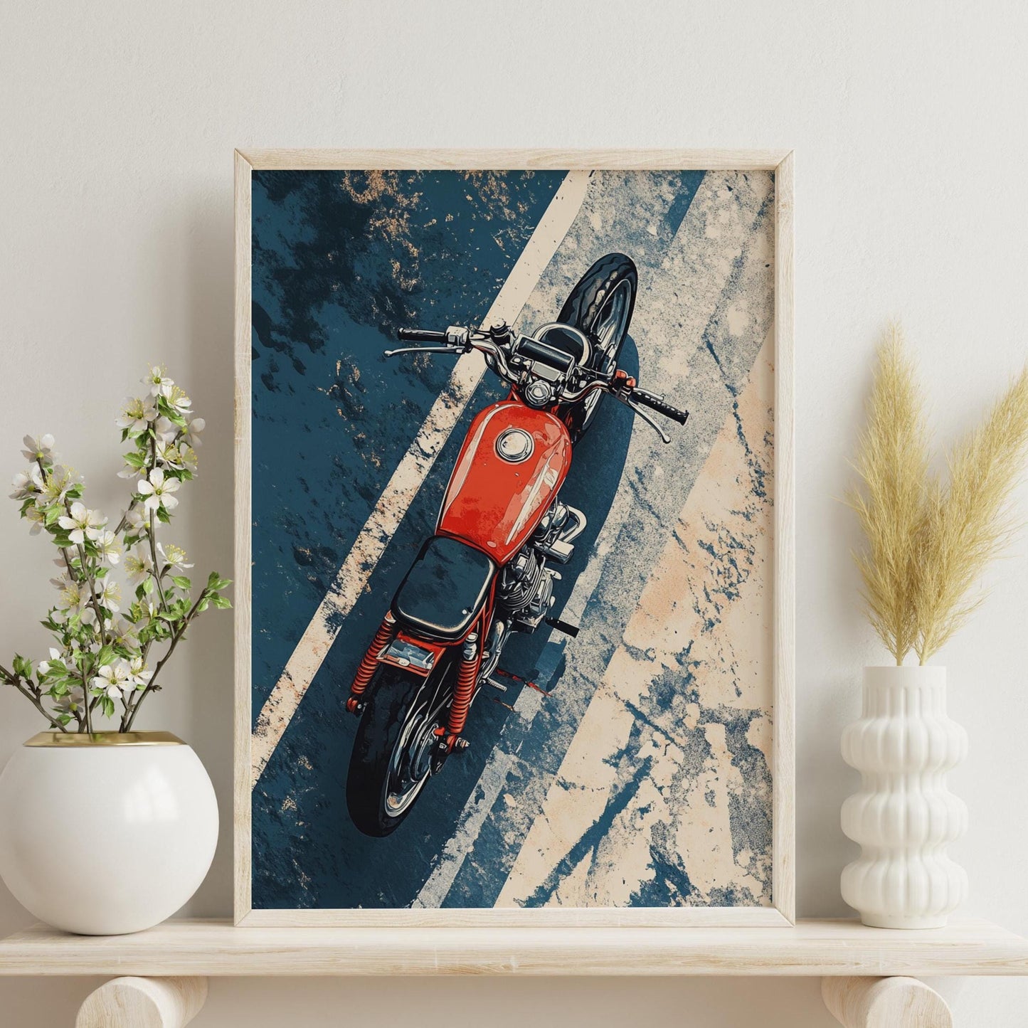 Cafe Racer Overhead Poster – Vintage Motorcycle Wall Art, Red Bike on Road Print, Gritty Moto Decor, Gift for Bikers and Riders