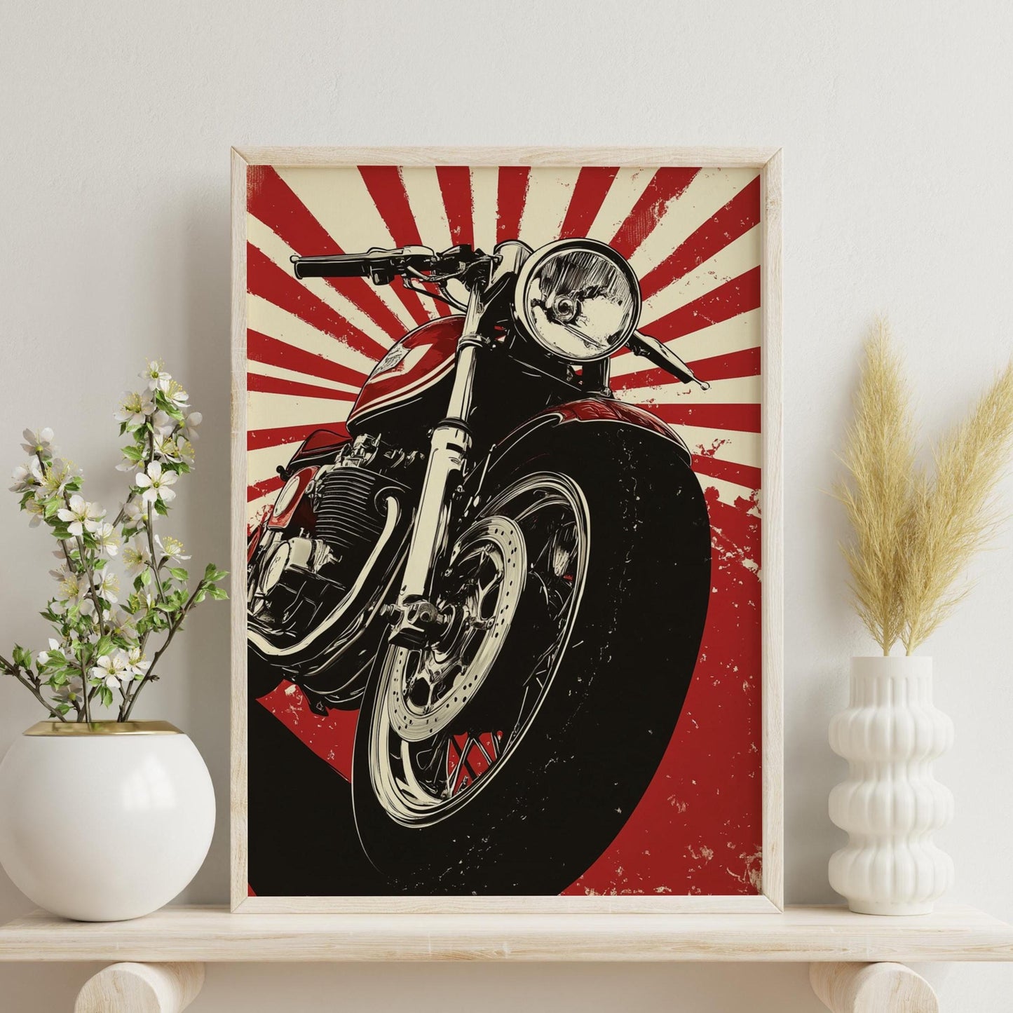 Cafe Racer Sunburst Poster – Bold Motorcycle Wall Art, Retro Red Moto Print, Classic Garage Decor, Gift for Bikers and Riders