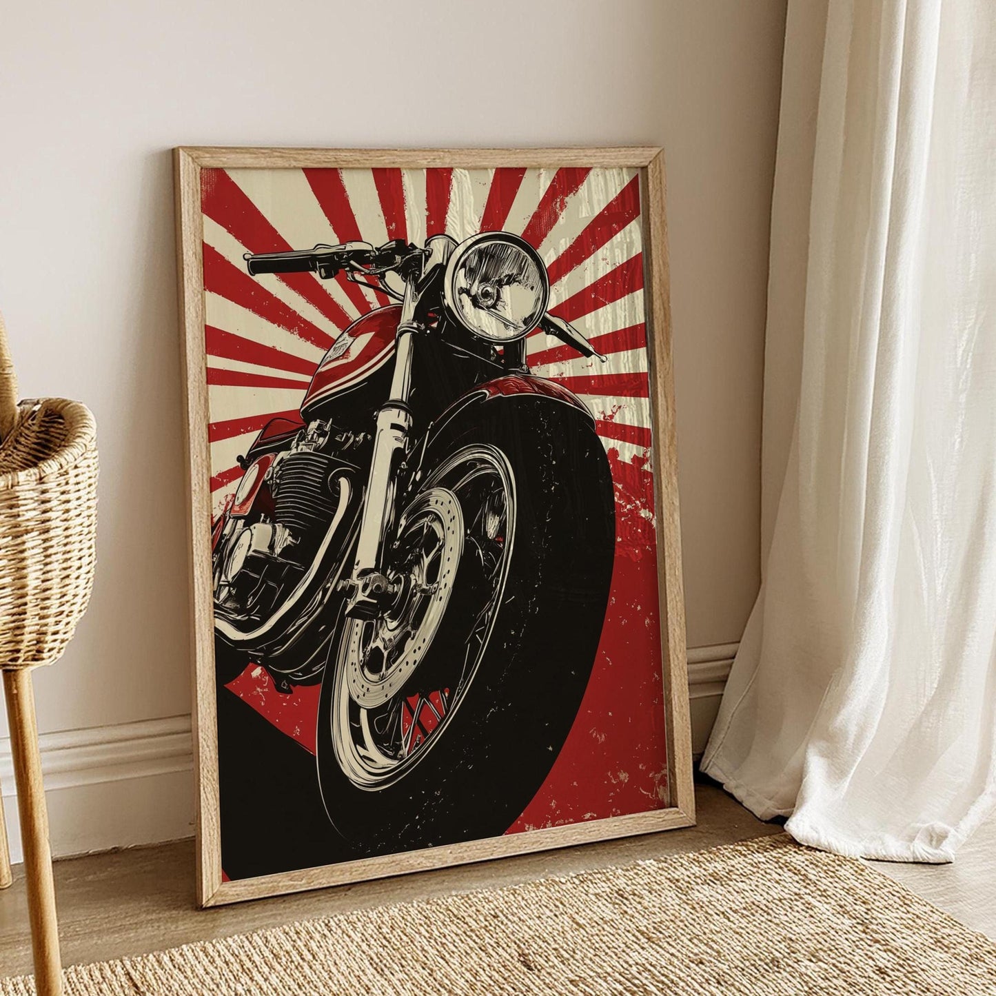 Cafe Racer Sunburst Poster – Bold Motorcycle Wall Art, Retro Red Moto Print, Classic Garage Decor, Gift for Bikers and Riders