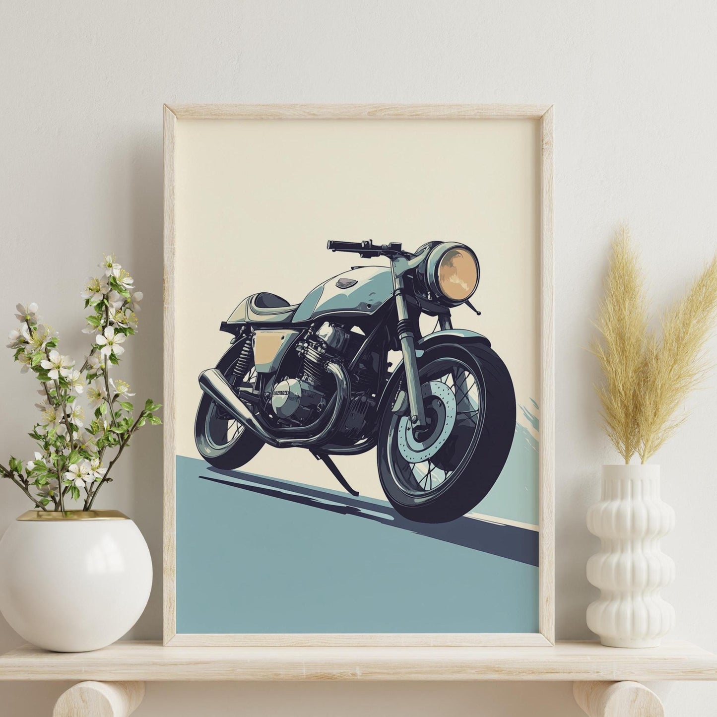 Cafe Racer Motorcycle Poster – Minimalist Vintage Bike Wall Art, Retro Honda Style Print, Cool Toned Garage Decor for Biker Enthusiasts