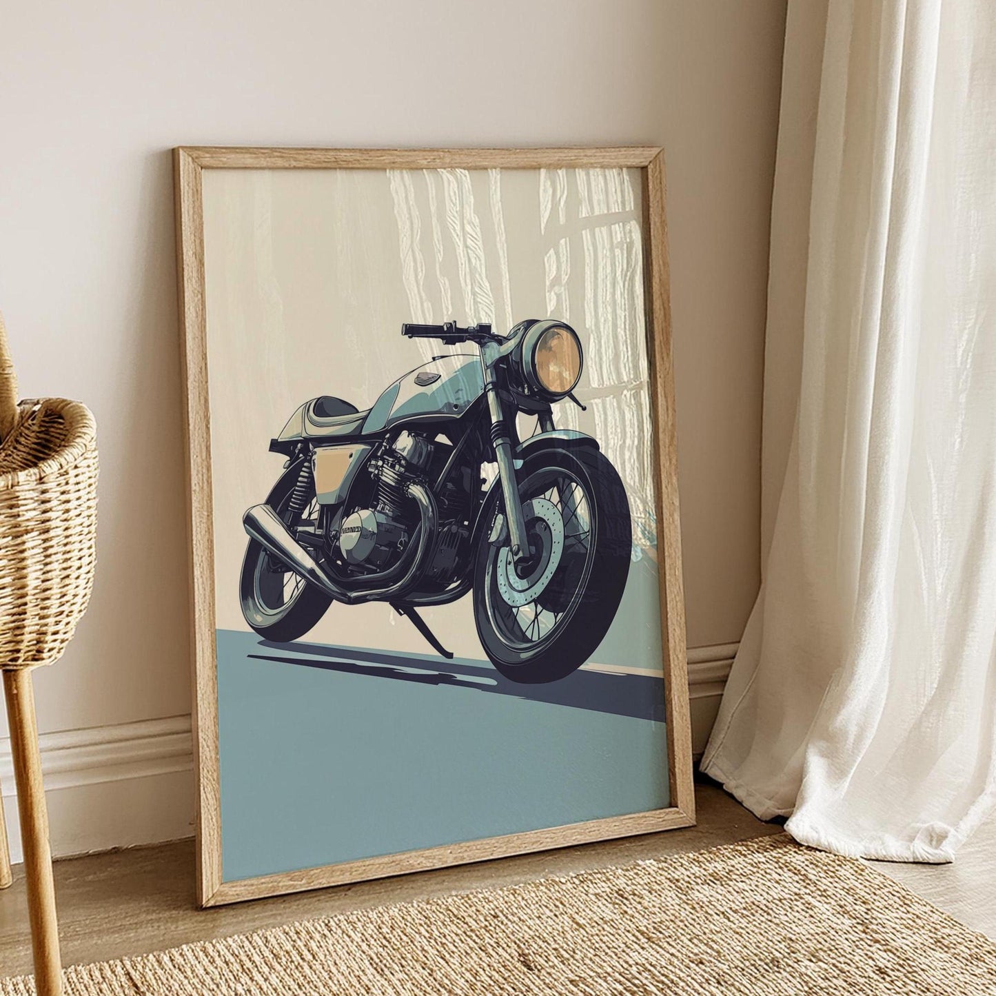 Cafe Racer Motorcycle Poster – Minimalist Vintage Bike Wall Art, Retro Honda Style Print, Cool Toned Garage Decor for Biker Enthusiasts