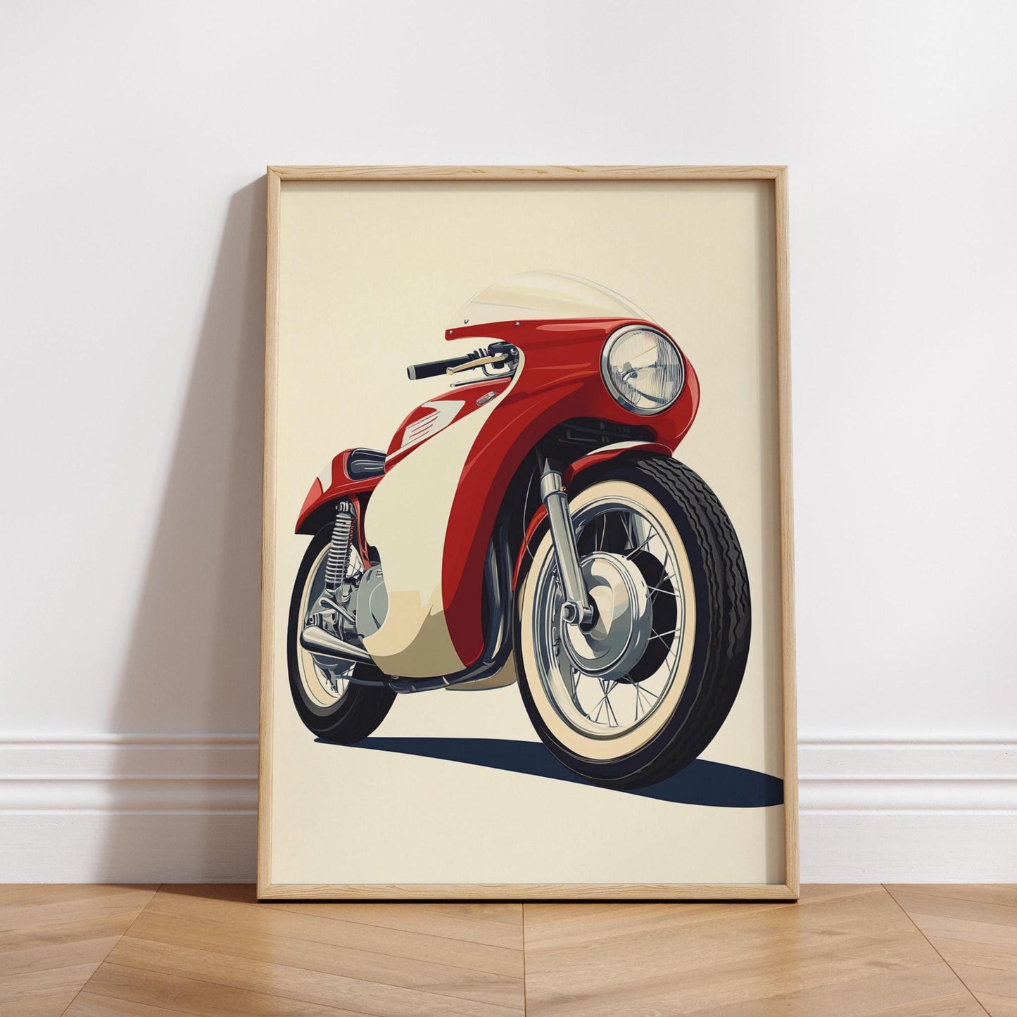 Retro Motorcycle Poster – Vintage Racer Bike Wall Art, Classic Red and Cream Moto Print, Minimalist Garage Decor for Motorbike Fans