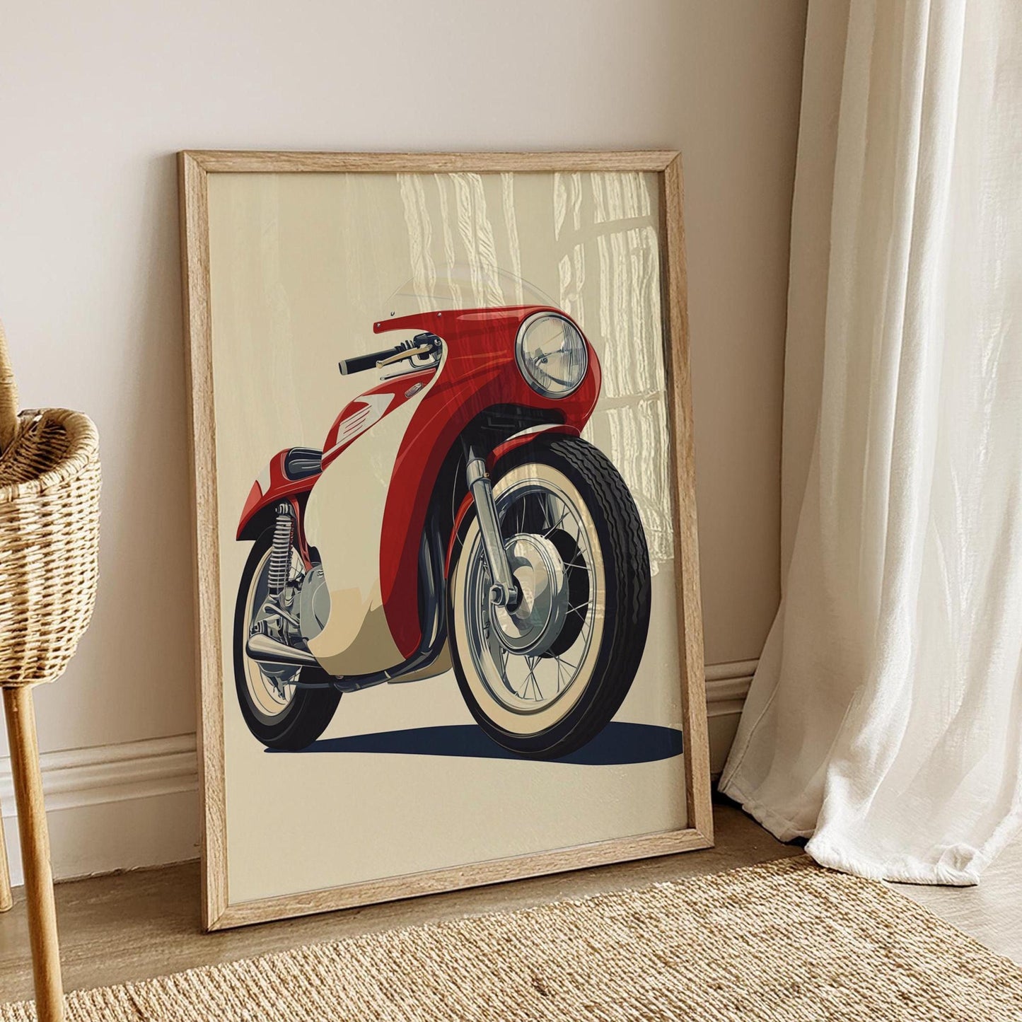 Retro Motorcycle Poster – Vintage Racer Bike Wall Art, Classic Red and Cream Moto Print, Minimalist Garage Decor for Motorbike Fans