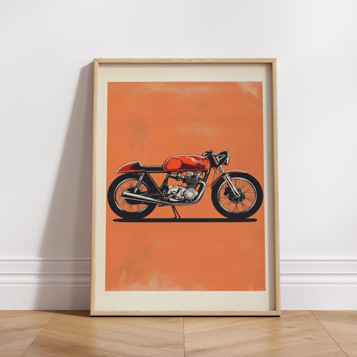 Cafe Racer Motorcycle Art – Retro Bike Wall Poster, Minimalist Orange Background Print, Vintage Moto Decor for Biker Garage or Man Cave