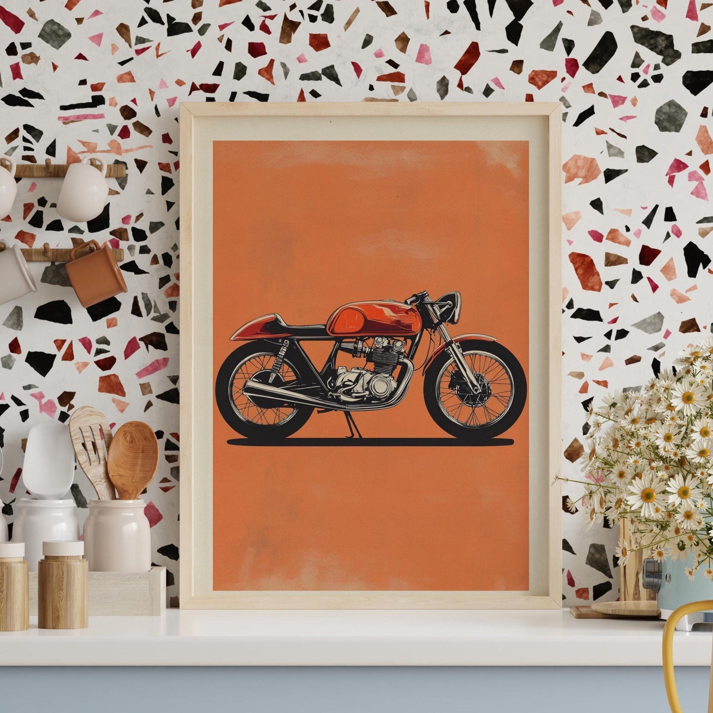 Cafe Racer Motorcycle Art – Retro Bike Wall Poster, Minimalist Orange Background Print, Vintage Moto Decor for Biker Garage or Man Cave