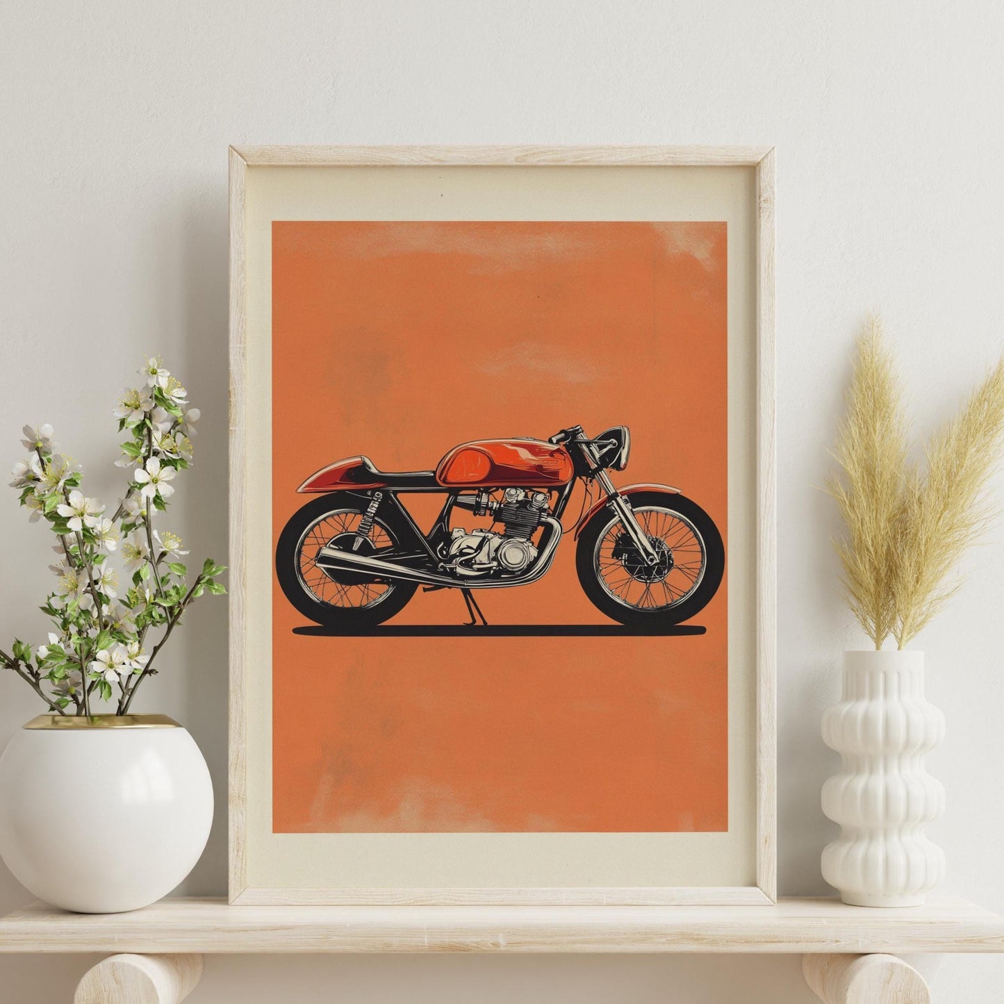 Cafe Racer Motorcycle Art – Retro Bike Wall Poster, Minimalist Orange Background Print, Vintage Moto Decor for Biker Garage or Man Cave