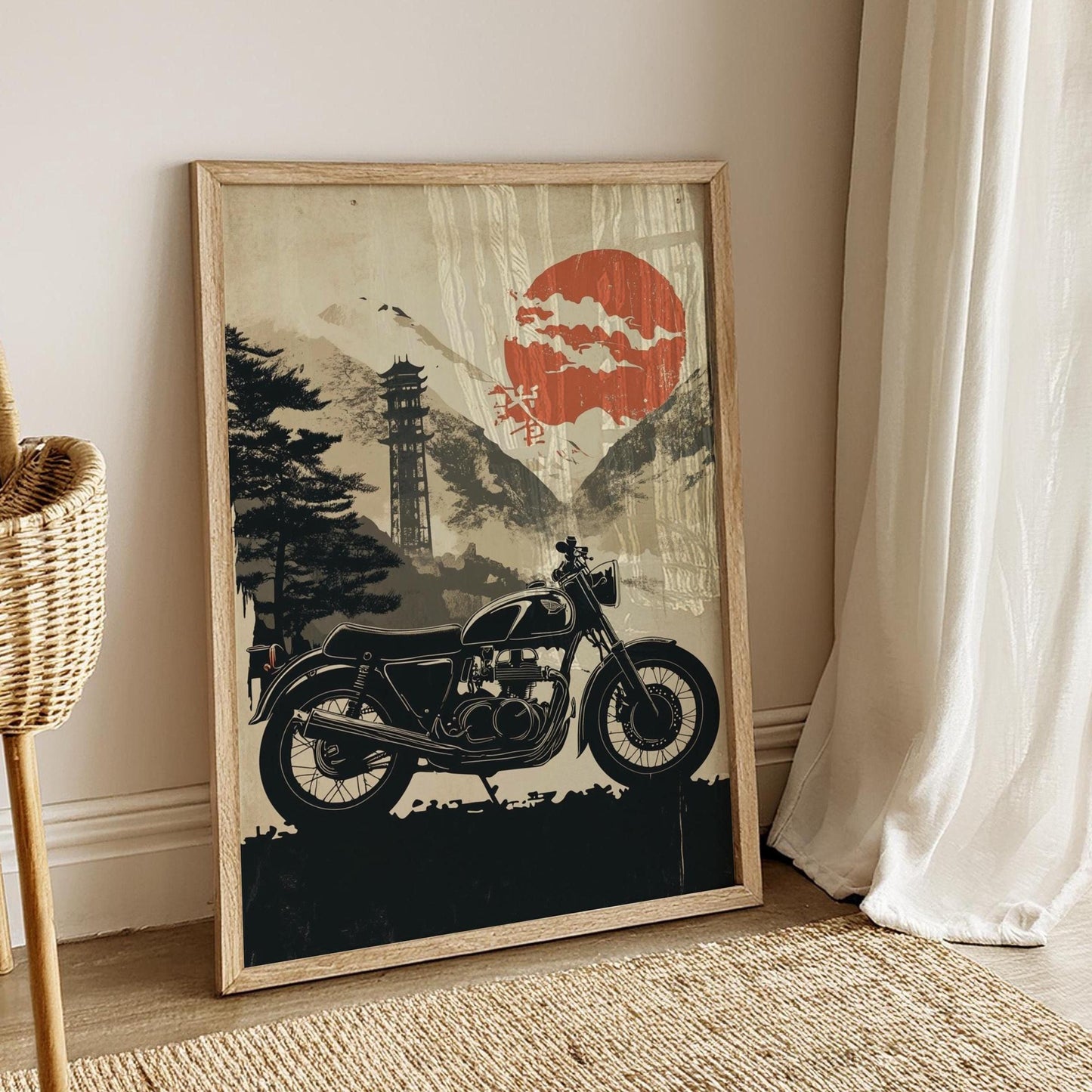 Cafe Racer in Japanese Landscape – Vintage Motorcycle Poster, Rising Sun Art Print, Zen Moto Wall Decor, Biker Gift, Retro Japan Style