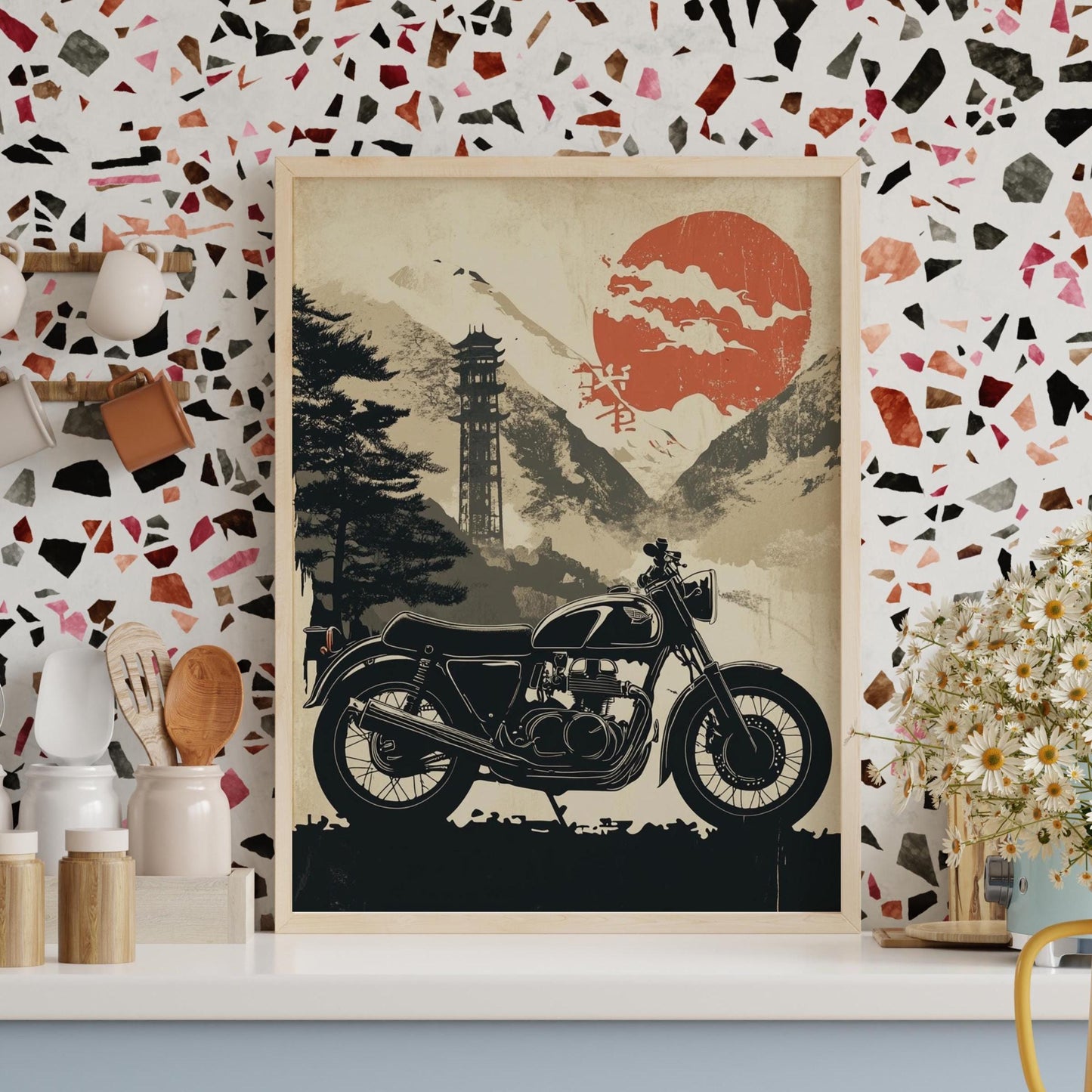 Cafe Racer in Japanese Landscape – Vintage Motorcycle Poster, Rising Sun Art Print, Zen Moto Wall Decor, Biker Gift, Retro Japan Style