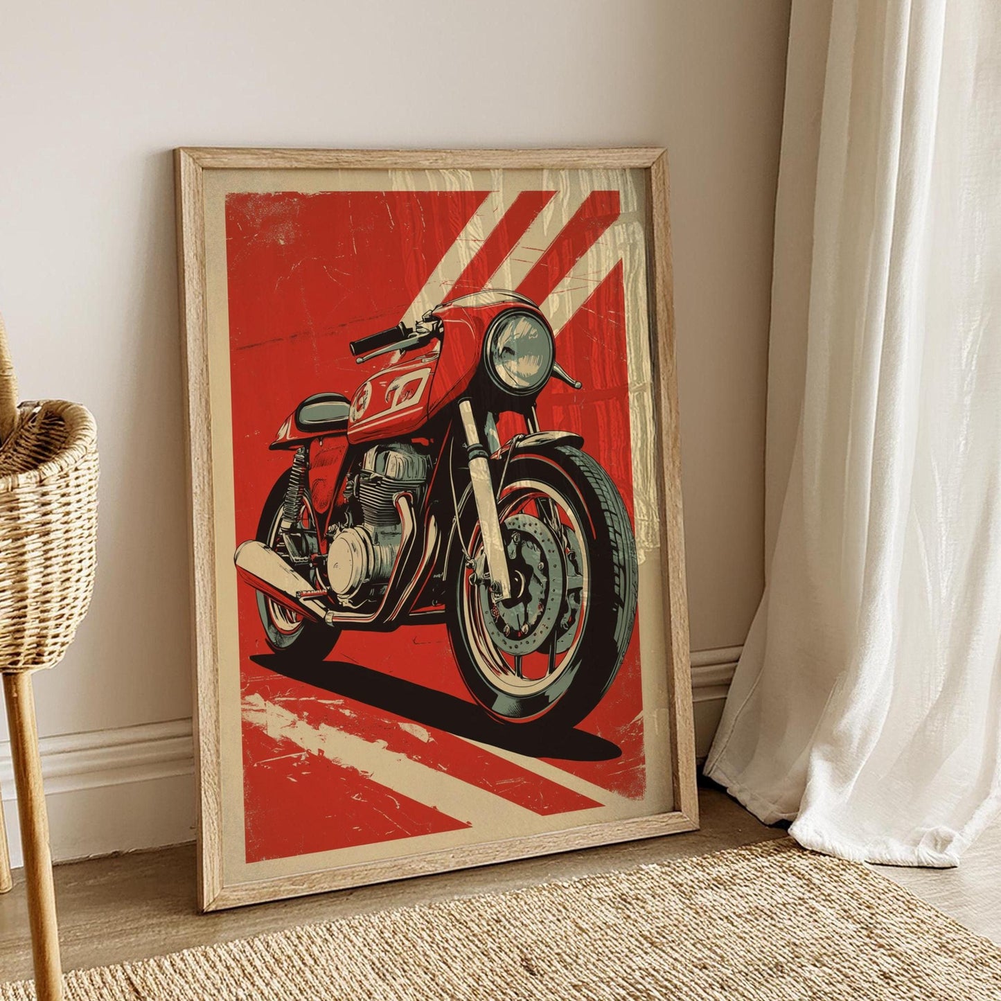 Red Cafe Racer Poster – Retro Motorcycle Wall Art, Bold Biker Print, Vintage Racing Bike Decor, Classic Moto Gift, Pop Art Garage Art