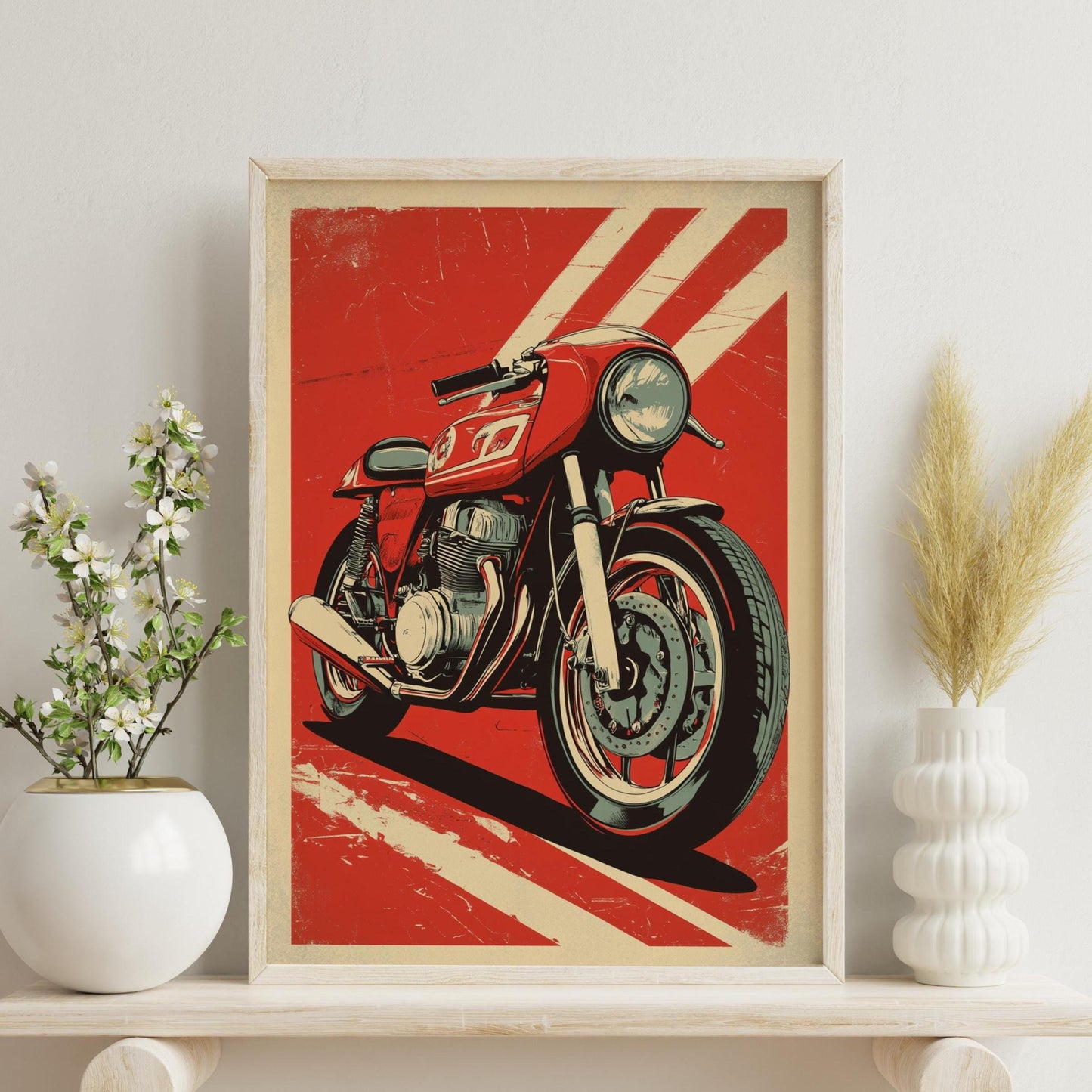 Red Cafe Racer Poster – Retro Motorcycle Wall Art, Bold Biker Print, Vintage Racing Bike Decor, Classic Moto Gift, Pop Art Garage Art