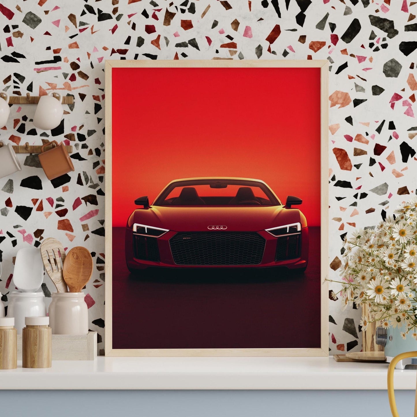 Modern Red Sports Car Wall Art – Bold Aesthetic Automotive Poster, Minimalist Car Decor, Luxury Vehicle Print, Gift for Car Lovers