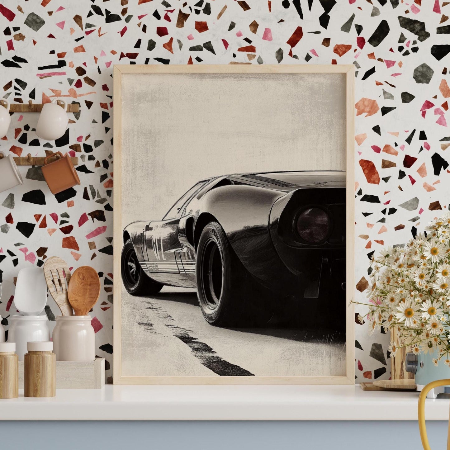 Vintage Ford GT Poster – Black and White Sports Car Wall Art, Minimalist Muscle Car Print, Retro Racing Decor, Garage Art Gift