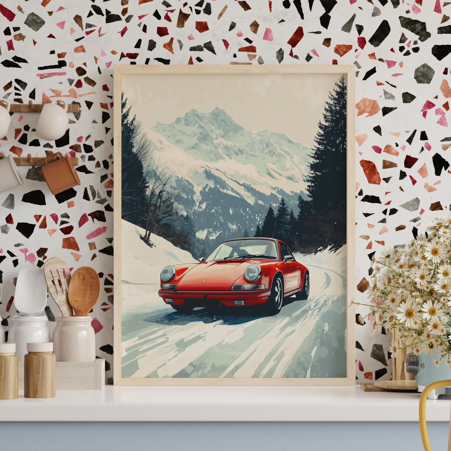 German Sports Car Winter Drive Poster – Snowy Mountain Road Wall Art, Vintage Car Print, Alpine Landscape Decor, Classic Porsche Gift