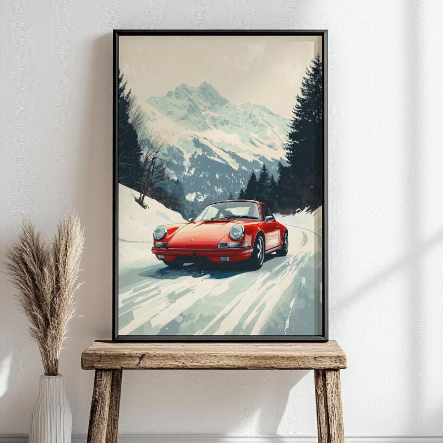 German Sports Car Winter Drive Poster – Snowy Mountain Road Wall Art, Vintage Car Print, Alpine Landscape Decor, Classic Porsche Gift