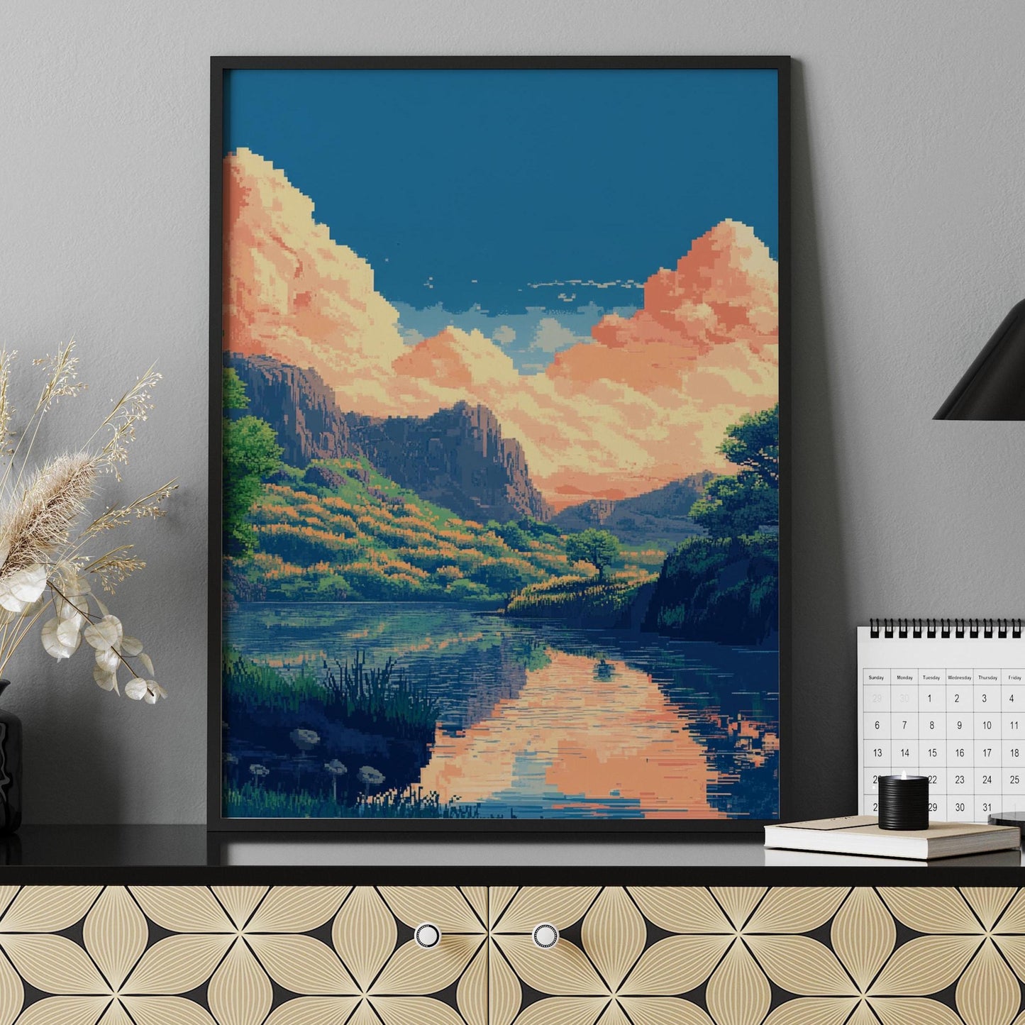 8-Bit Pixel Sunset River Poster – Retro Scenic Landscape Wall Art, Pixelated Nature Print, Indie Aesthetic Room Decor, Vaporwave Vibes