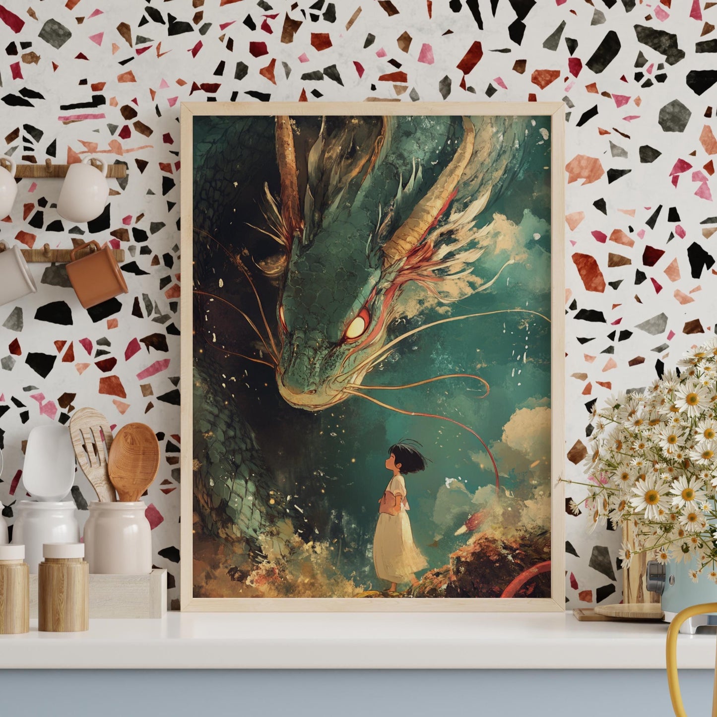 Dragon & Girl Poster, Magical Dragon Artwork, Whimsical Wall Decor, Anime-Inspired Print, Home Office Aesthetic, Ghibli Inspired
