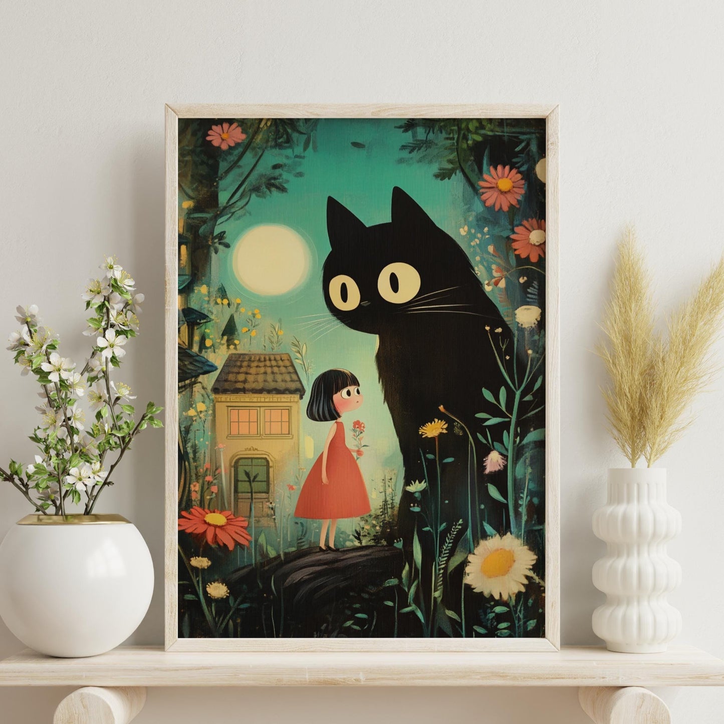 Whimsical Cat and Girl Poster, Bedroom Decor, Dreamy Home Decor, Gift for Cat Lovers, Cozy Vibes, Ghibli-Inspired