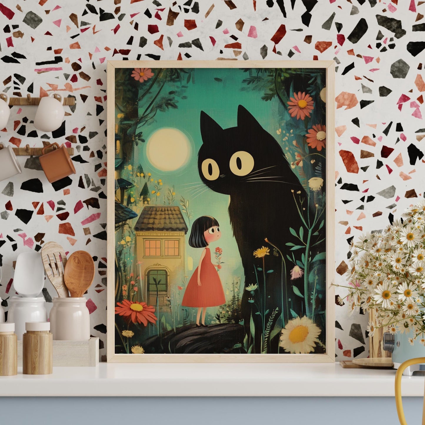 Whimsical Cat and Girl Poster, Bedroom Decor, Dreamy Home Decor, Gift for Cat Lovers, Cozy Vibes, Ghibli-Inspired