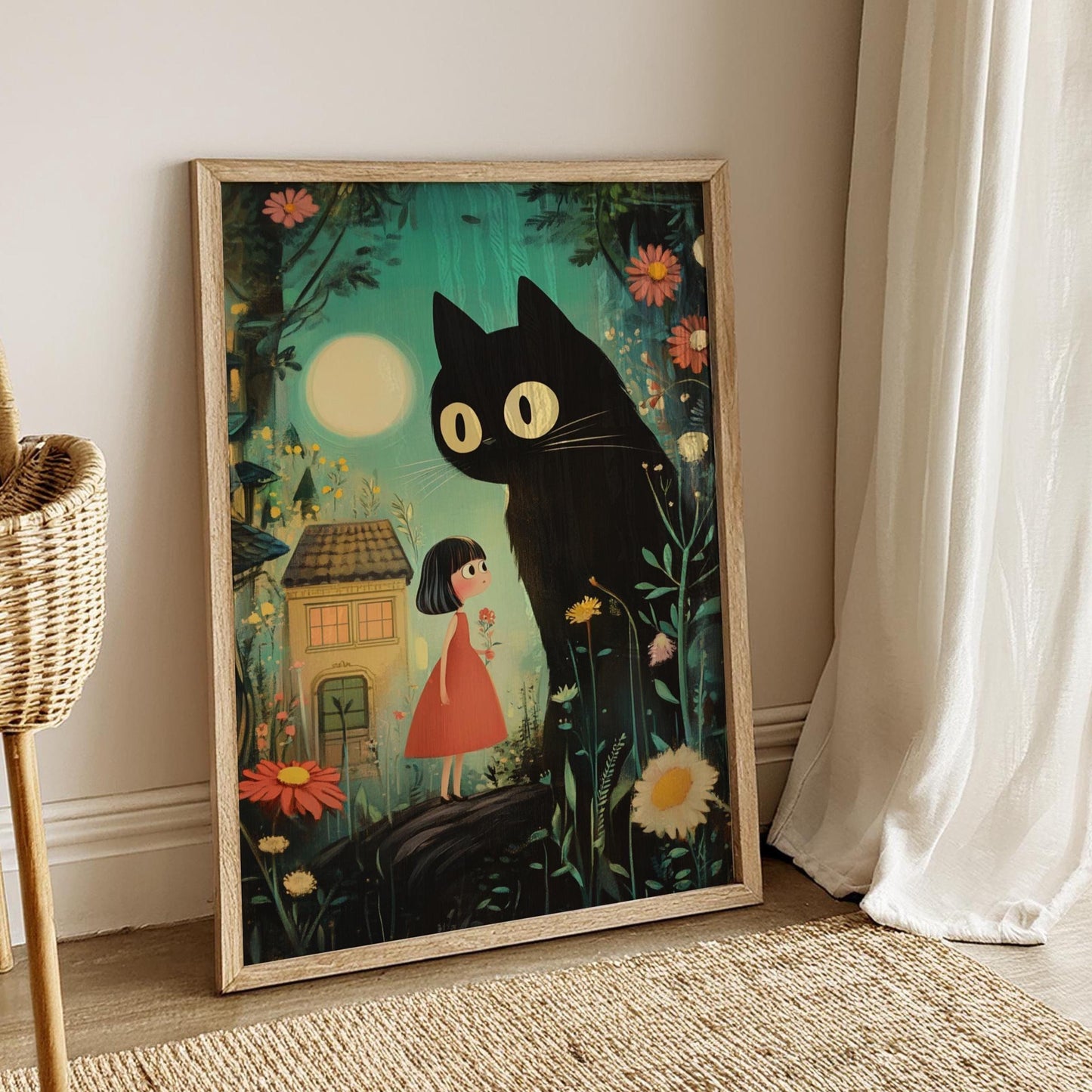 Whimsical Cat and Girl Poster, Bedroom Decor, Dreamy Home Decor, Gift for Cat Lovers, Cozy Vibes, Ghibli-Inspired