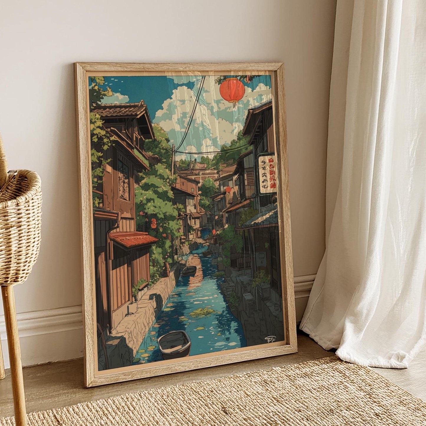 Japanese Village Canal Poster Art, Aesthetic Wall Decor, Ideal for Home, Office, Gifts, Japanese Culture