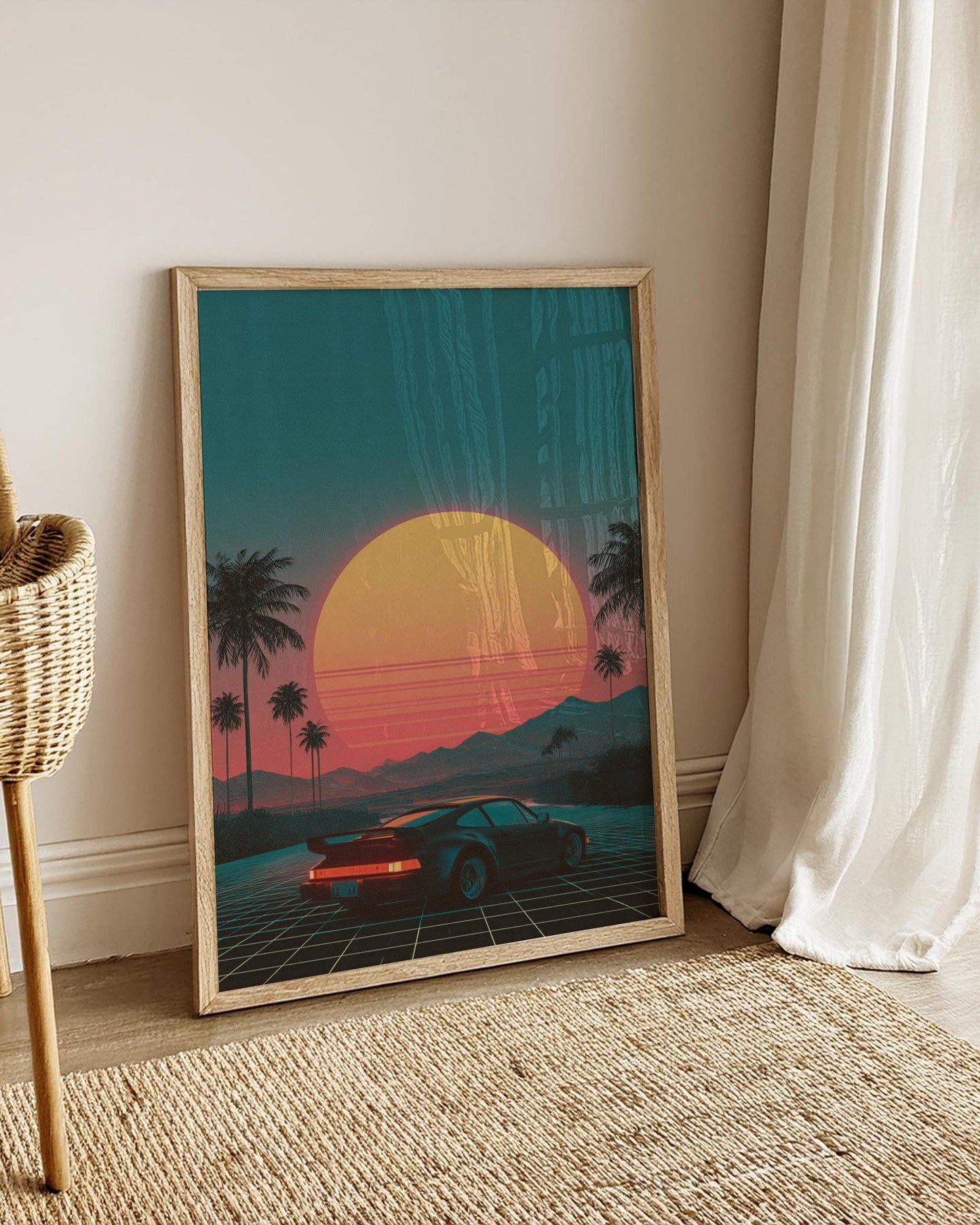Retro Sunset 8-Bit Car Poster, Wall Art for Home Decor, Vintage Aesthetic, Gifts for Car Lovers, 80s Vibe Art Print