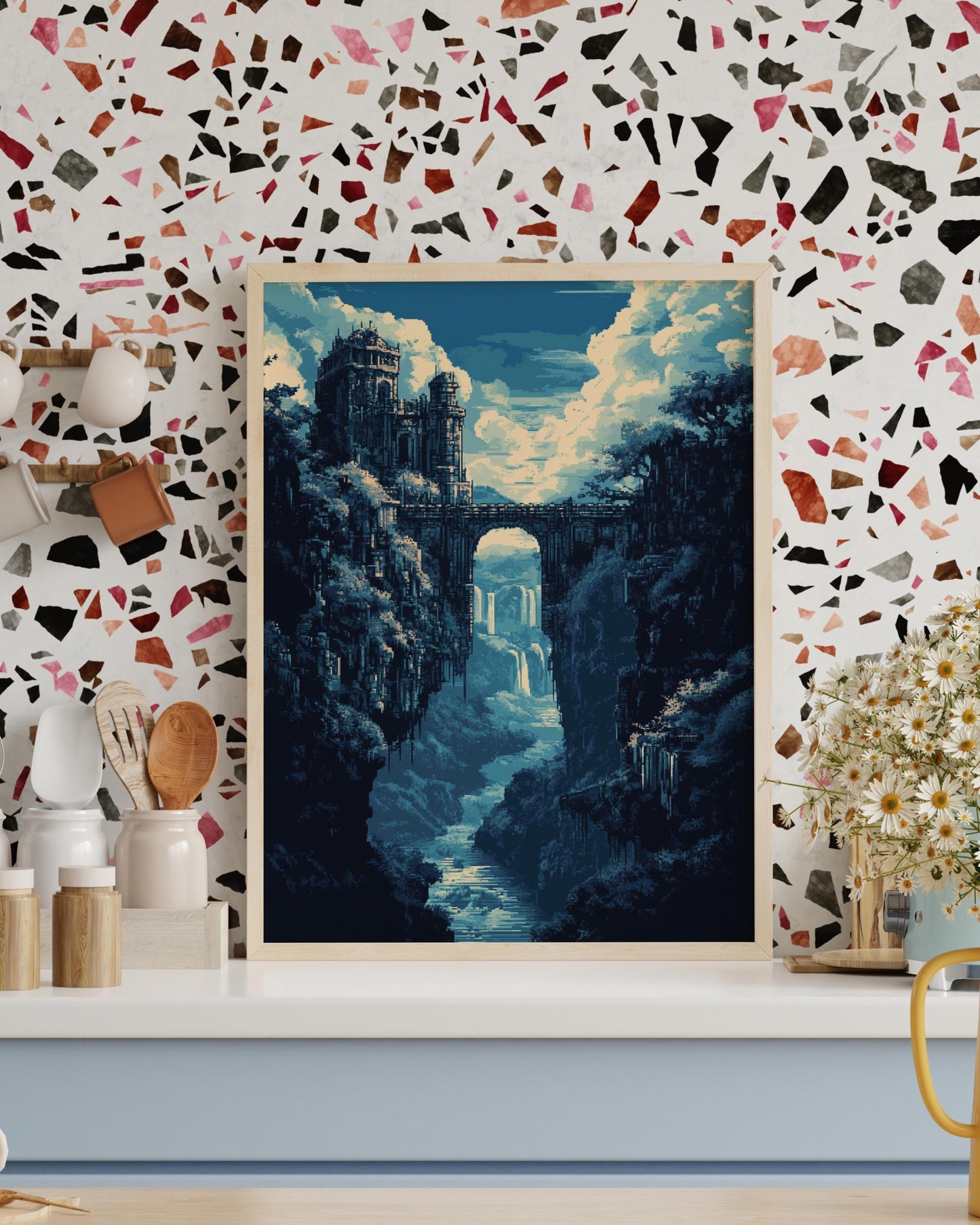 8-Bit Fantasy Bridge Castle Poster | Pixel Art Waterfall Wall Print | Retro Game-Inspired Landscape Decor for Gamers & Dreamers