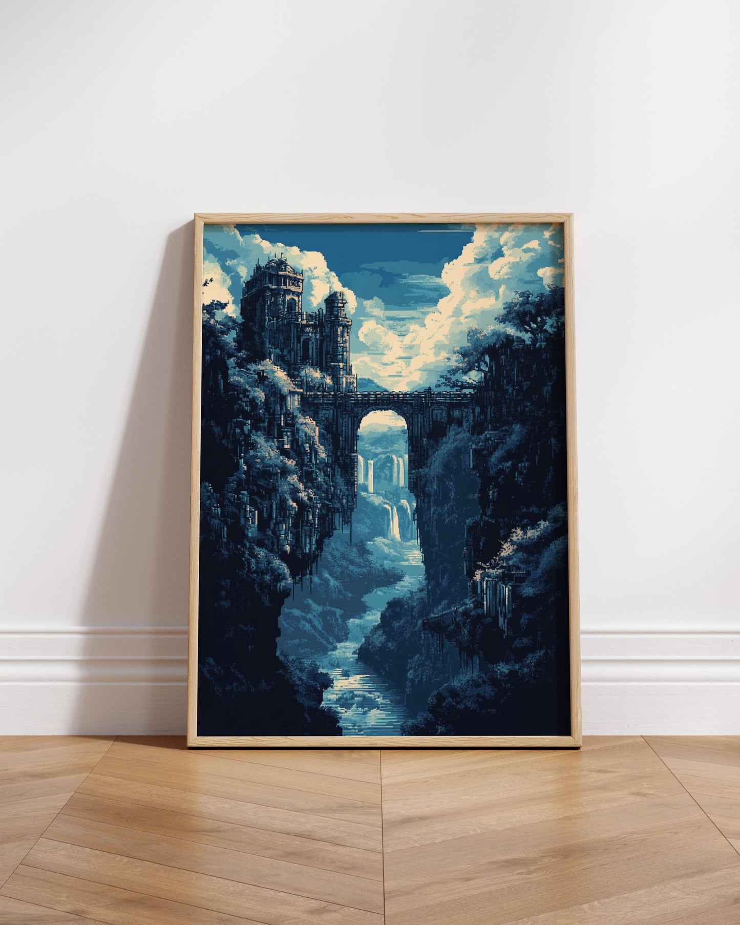 8-Bit Fantasy Bridge Castle Poster | Pixel Art Waterfall Wall Print | Retro Game-Inspired Landscape Decor for Gamers & Dreamers