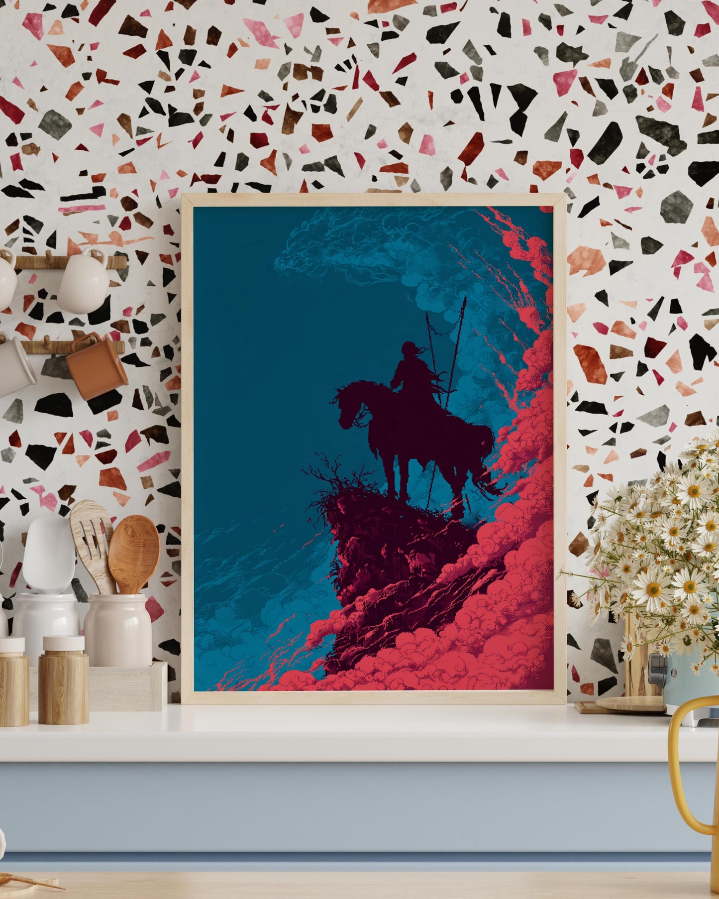 8-Bit Knight Pixel Art Poster | Retro Medieval Horseback Warrior Wall Art | Vintage Video Game Style Print for Gamer Room Decor