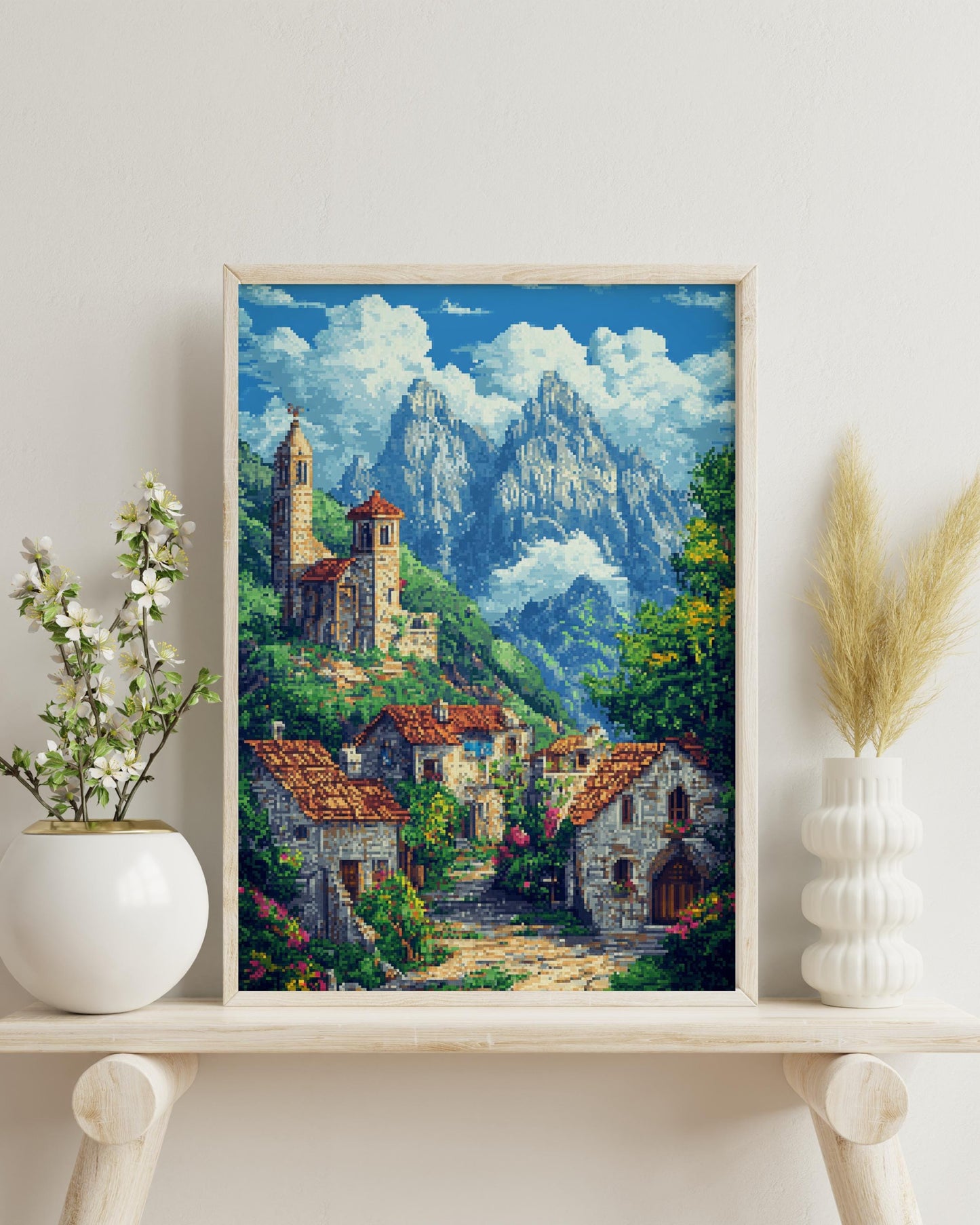 8-Bit Village Pixel Art Poster | Cozy Mountain Landscape Print | Retro Cottagecore Wall Decor | Rustic Countryside Pixel Art