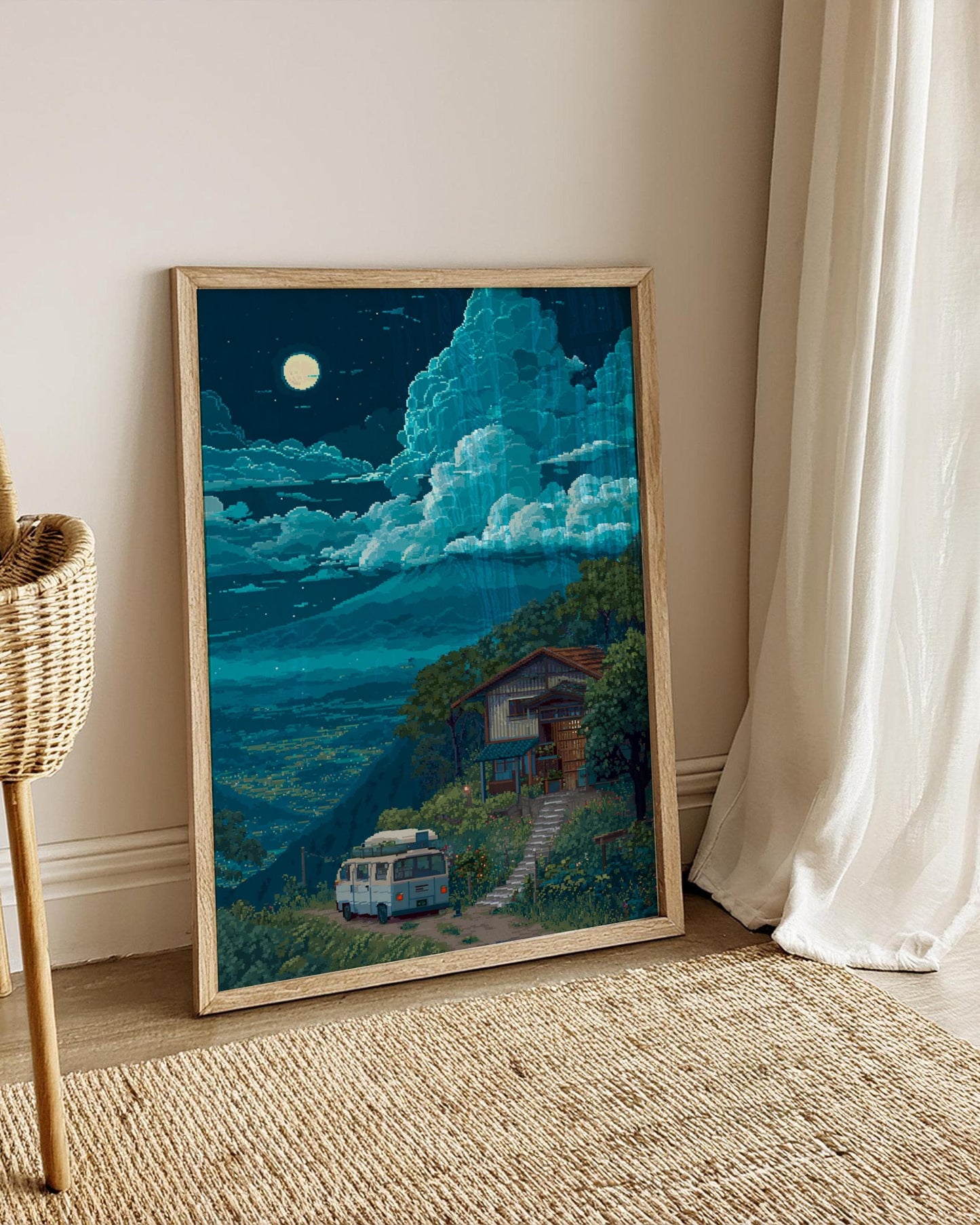 8-Bit Pixel Art Moonlit Cabin Poster | Retro Cottage Van Print | Cozy Night Landscape Wall Art | Aesthetic Gamer Room Decor