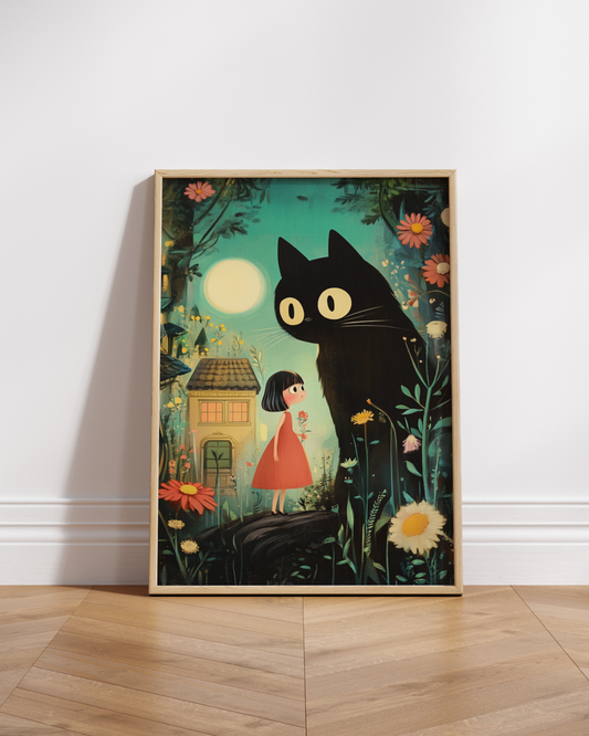 Whimsical Cat and Girl Poster