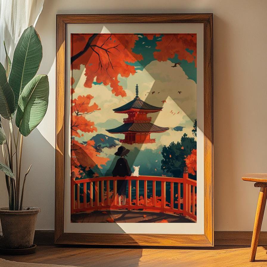 Japanese Temple Autumn Landscape Posters, Cozy Home Decor, Japanese Art, Fall Aesthetic, Wall Art for Relaxation