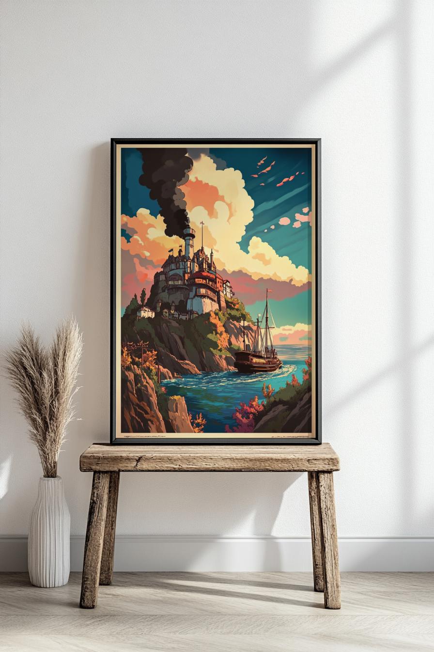 Fantasy Seaside Town Landscape Vertical Poster, Nautical Wall Art, Cozy Home Decor, Gift for Sailors and Dreamers, Colorful Print, Fantasy