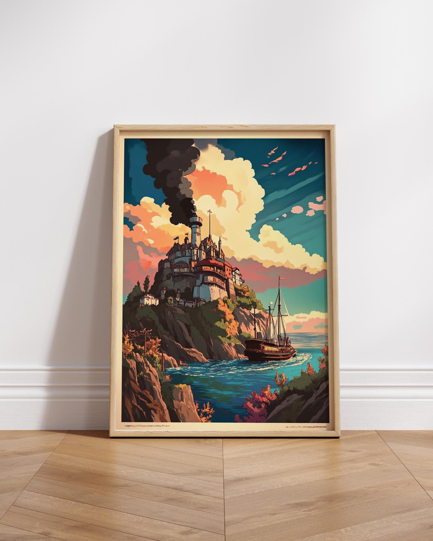 Fantasy Seaside Town Landscape Vertical Poster, Nautical Wall Art, Cozy Home Decor, Gift for Sailors and Dreamers, Colorful Print, Fantasy