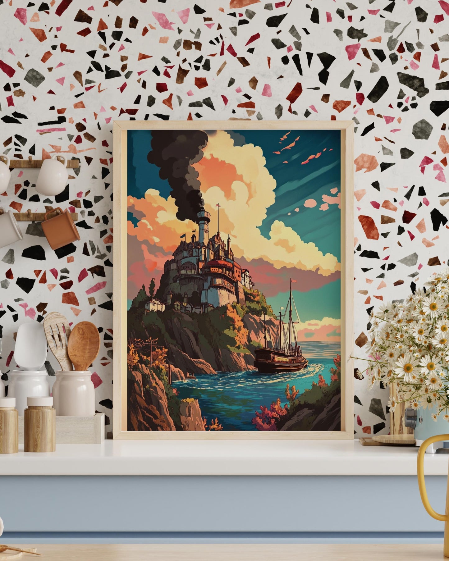Fantasy Seaside Town Landscape Vertical Poster, Nautical Wall Art, Cozy Home Decor, Gift for Sailors and Dreamers, Colorful Print, Fantasy