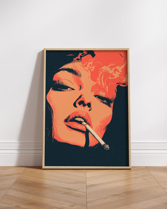 Retro Smoking Woman Wall Art – Bold Pop Art Poster – 70s Aesthetic Illustration Print for Lounge, Bar, or Alternative Room Decor