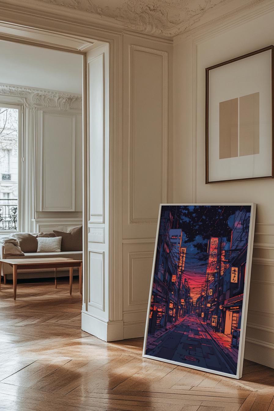 Lofi Japanese Street Poster – Retro Anime Cityscape Wall Art, Night Sky Neon Print, Vaporwave Aesthetic Room Decor, Urban Japan Gift
