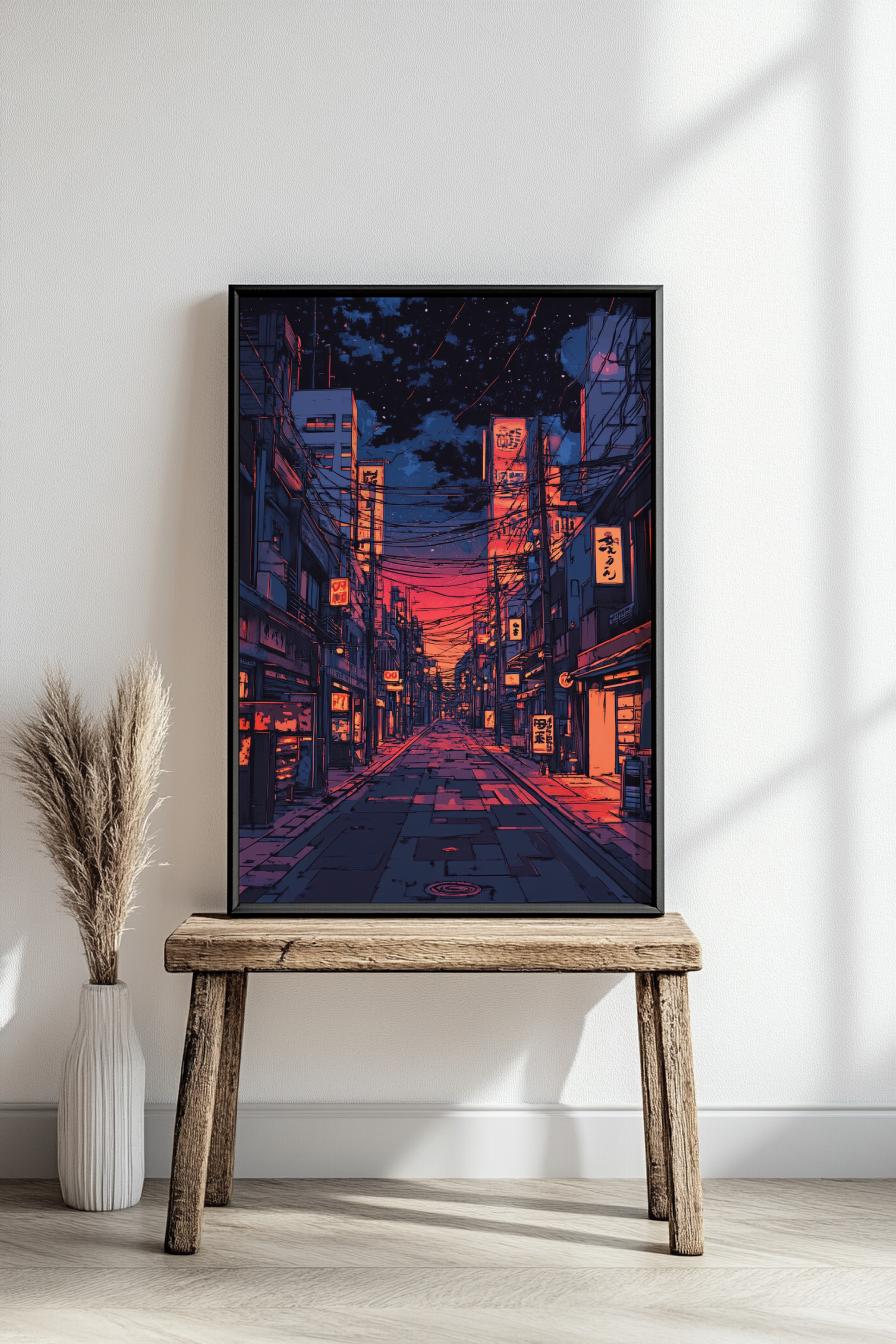 Lofi Japanese Street Poster – Retro Anime Cityscape Wall Art, Night Sky Neon Print, Vaporwave Aesthetic Room Decor, Urban Japan Gift