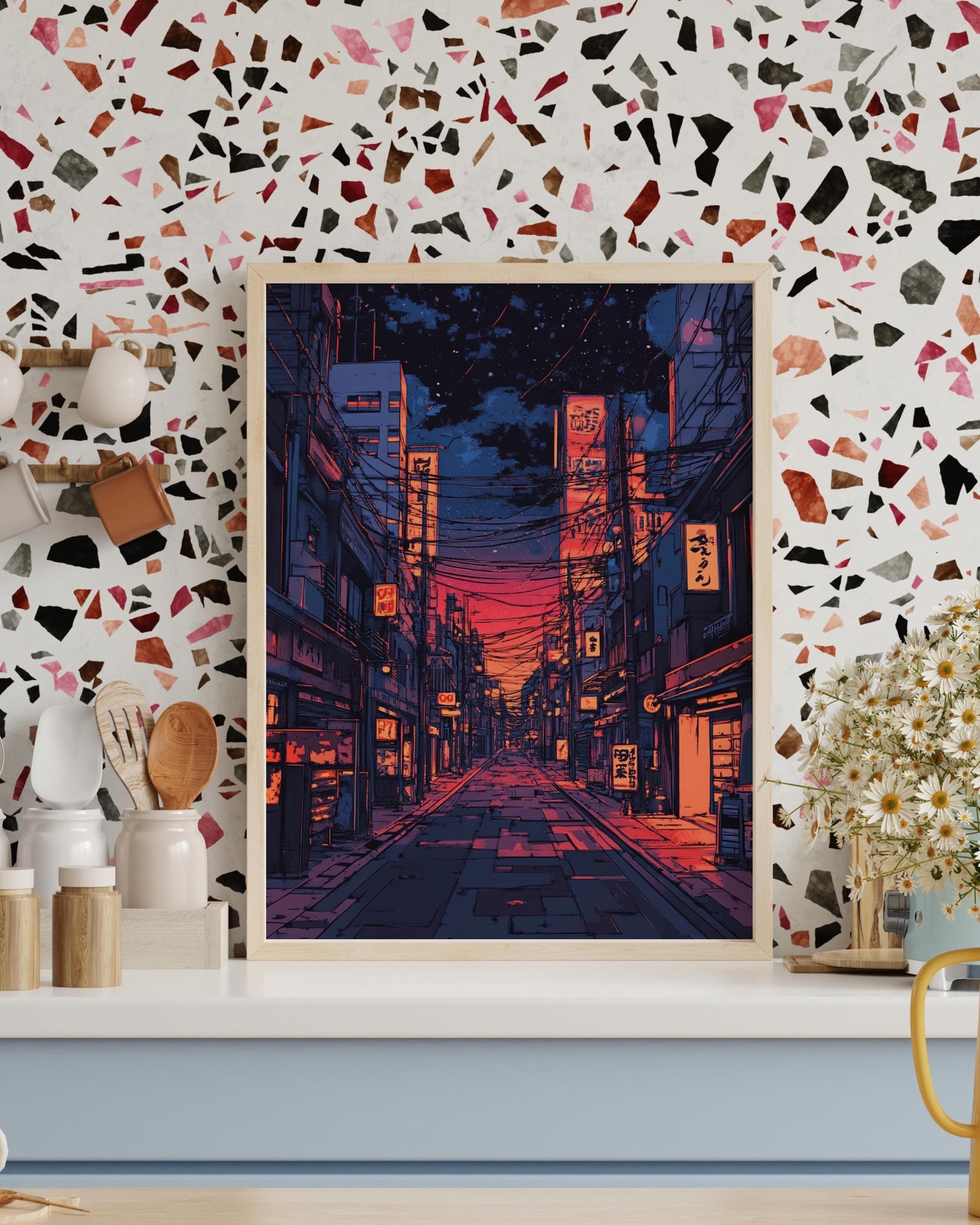 Lofi Japanese Street Poster – Retro Anime Cityscape Wall Art, Night Sky Neon Print, Vaporwave Aesthetic Room Decor, Urban Japan Gift