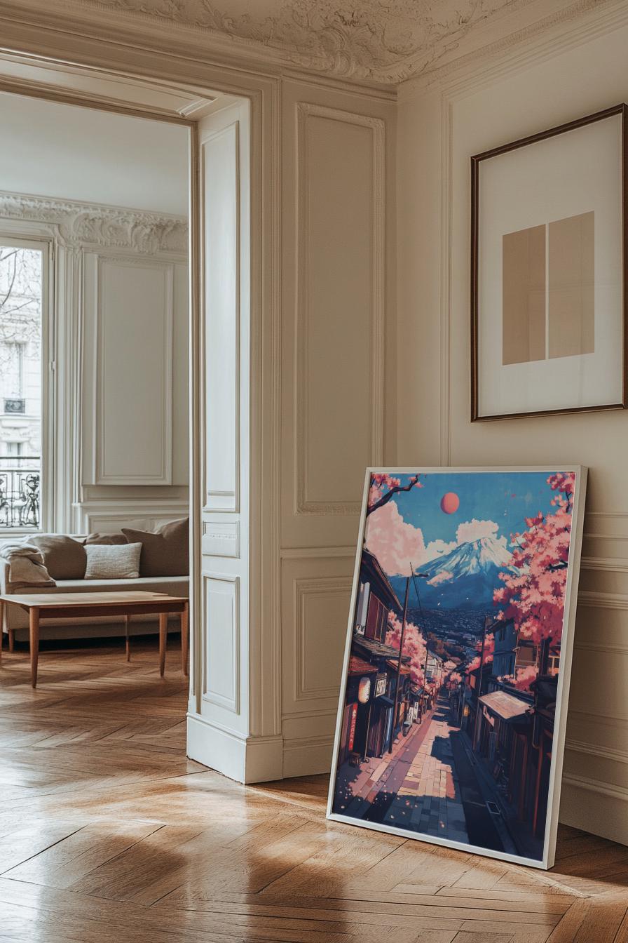 Serene Charry Blossom Mountain Scene Matte Vertical Poster | Japanese Art Print, Wall Decor, Home Aesthetic, Gift for Nature Lovers