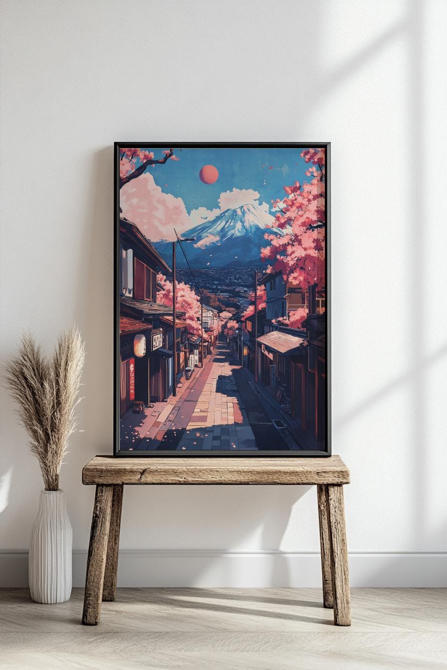 Serene Charry Blossom Mountain Scene Matte Vertical Poster | Japanese Art Print, Wall Decor, Home Aesthetic, Gift for Nature Lovers