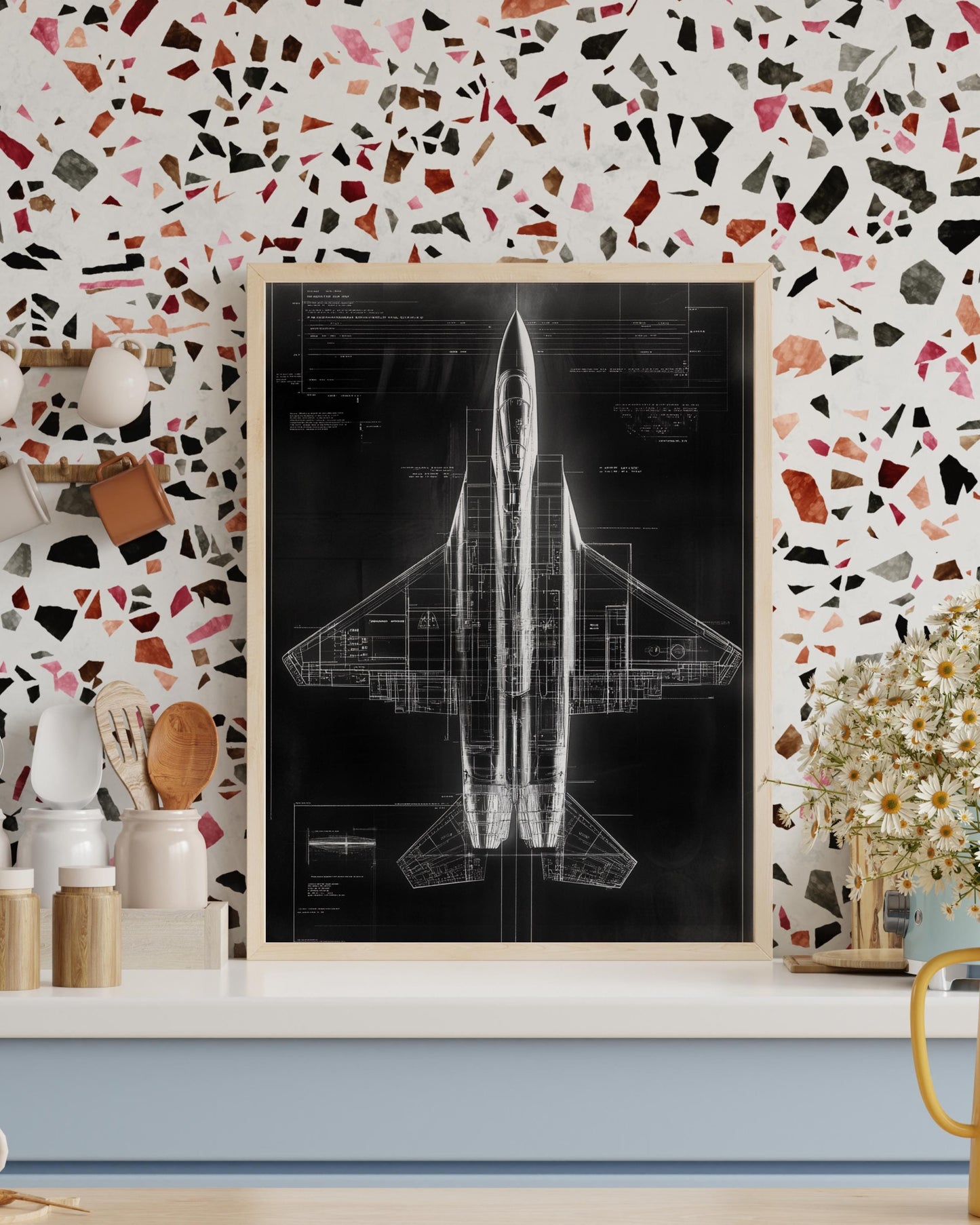 Fighter Jet Blueprint Poster, Aviation Art Print, Military Decor, Unique Gift for Dad, Home Office Wall Art