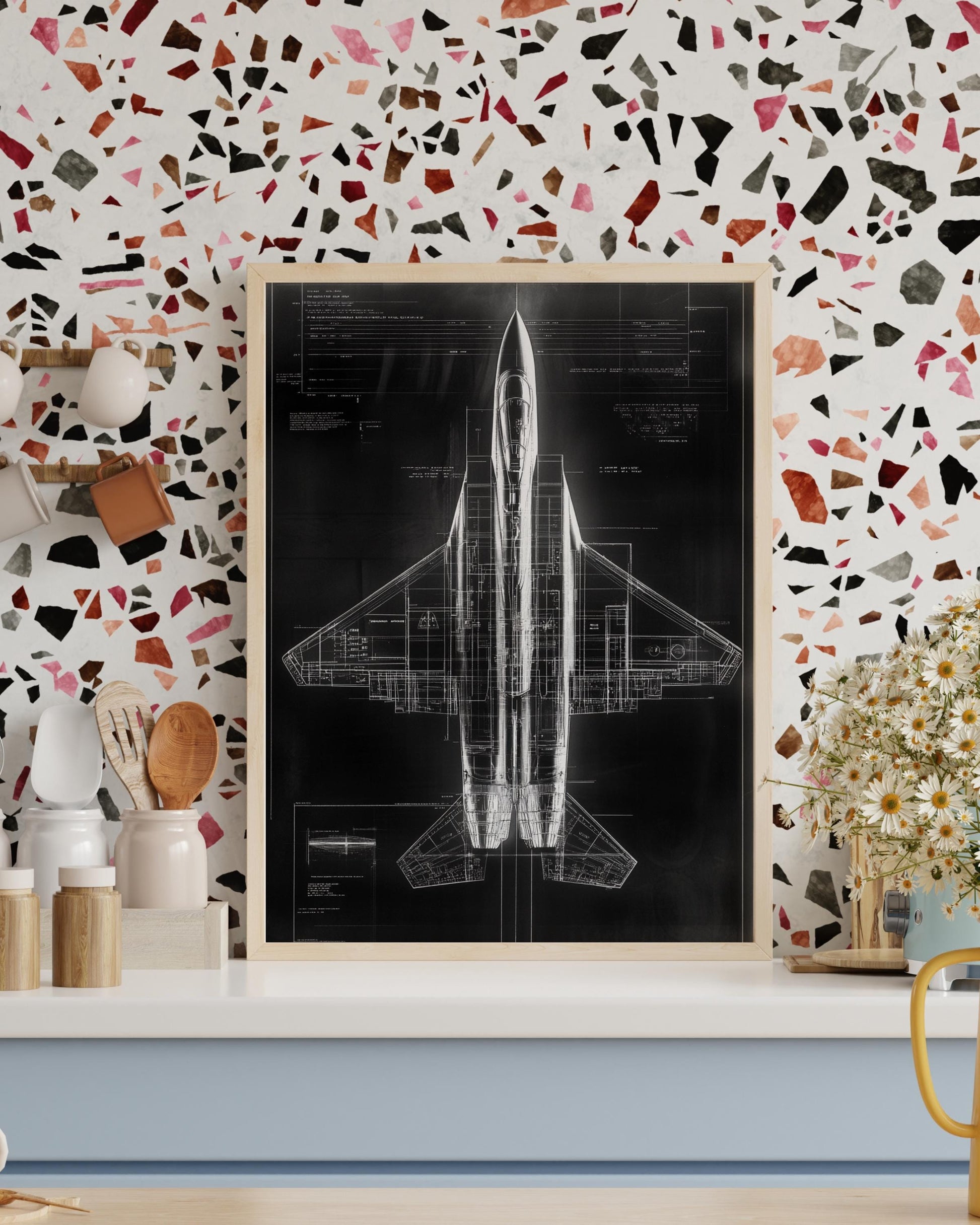 Fighter Jet Blueprint Poster, Aviation Art Print, Military Decor, Unique Gift for Dad, Home Office Wall Art