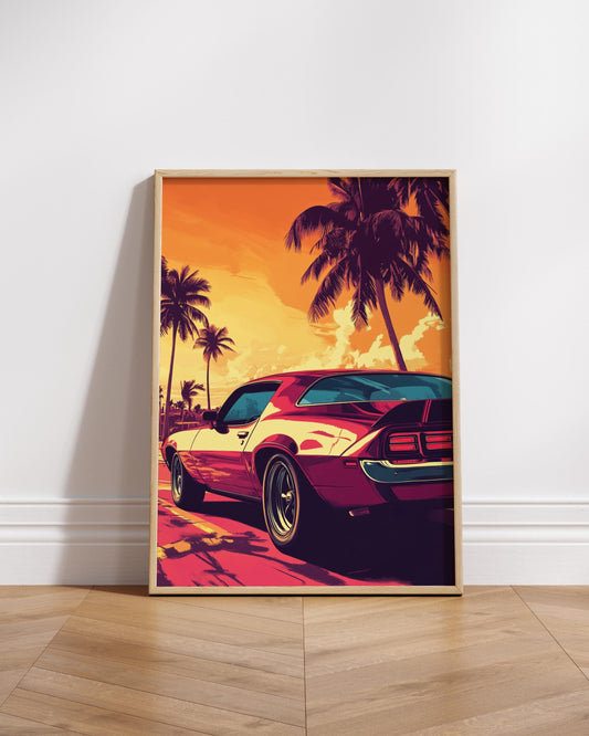 Retro Beach Car Poster Art, Vintage Car Wall Decor, Matte Vertical Print for Car Lovers, Automotive Gift, Tropical Vibes Decor