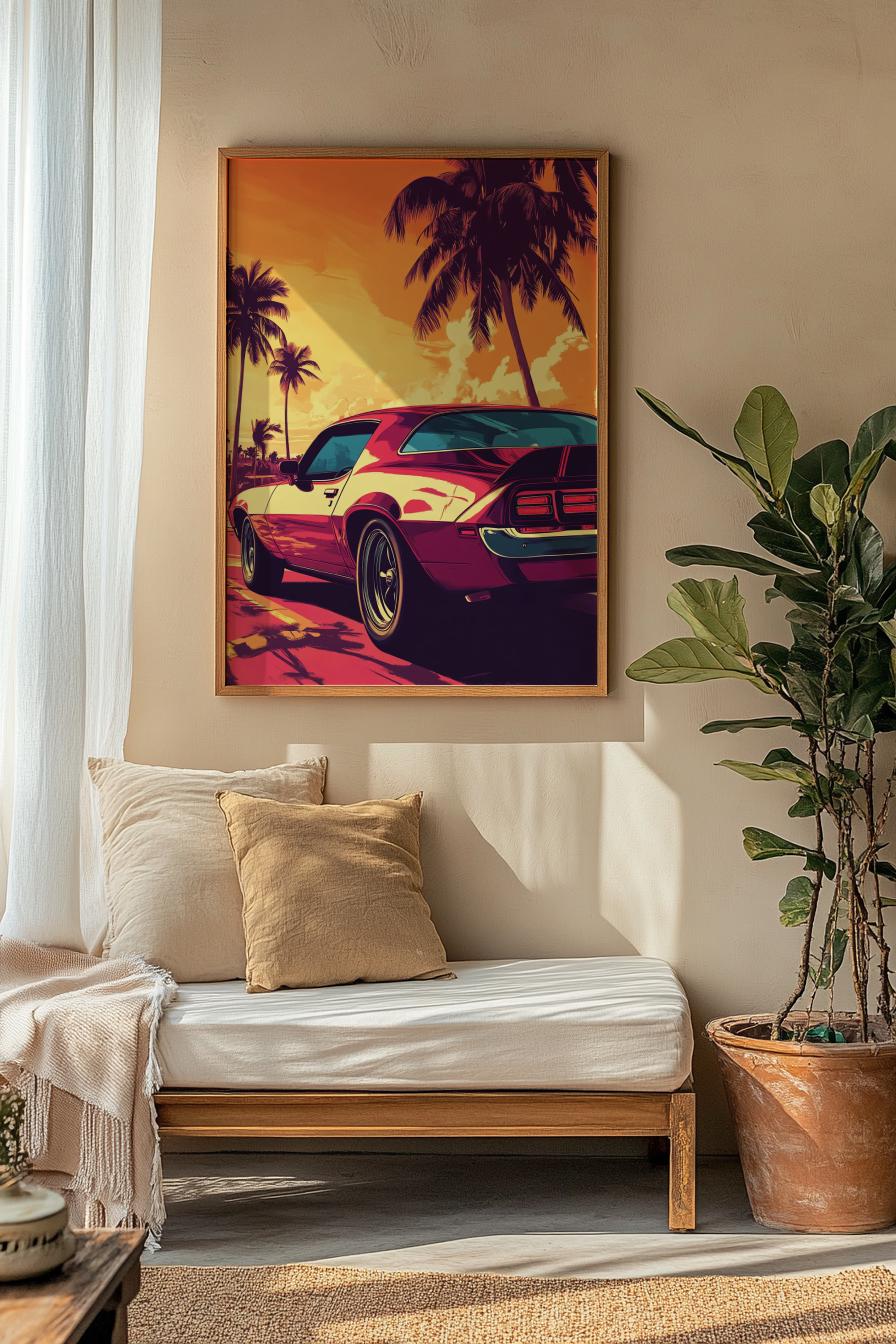 Retro Beach Car Poster Art, Vintage Car Wall Decor, Matte Vertical Print for Car Lovers, Automotive Gift, Tropical Vibes Decor