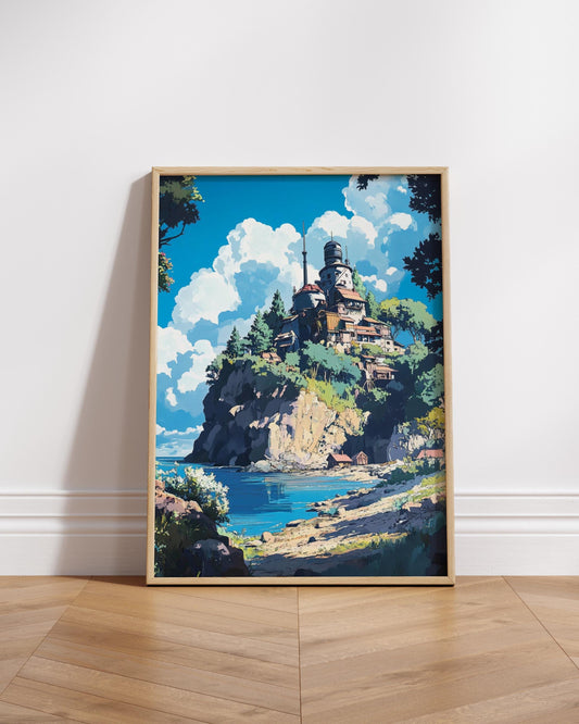 Serene Landscape Anime Poster, Nature Wall Art, Coastal Decor, Gift for Home, Aesthetic Art Print, Gallery Wall Accent | Ghibli Style