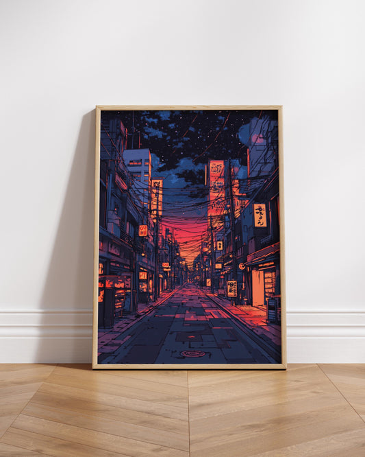Lofi Japanese Street Poster – Retro Anime Cityscape Wall Art, Night Sky Neon Print, Vaporwave Aesthetic Room Decor, Urban Japan Gift
