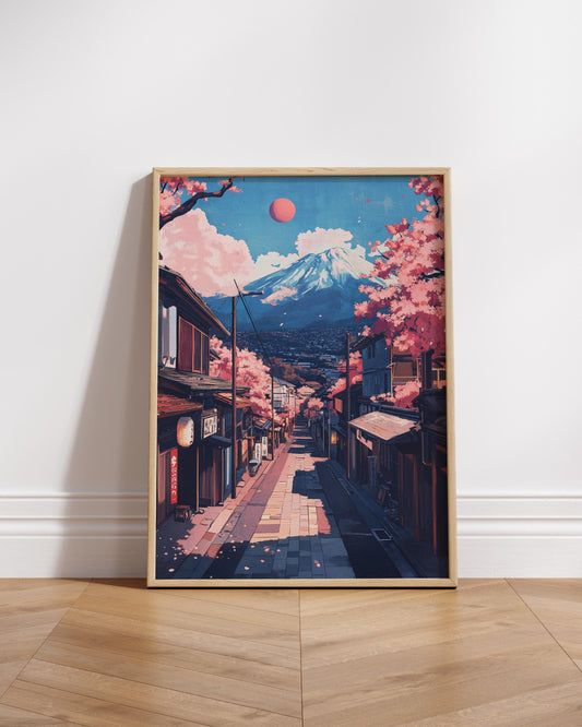 Serene Charry Blossom Mountain Scene Matte Vertical Poster | Japanese Art Print, Wall Decor, Home Aesthetic, Gift for Nature Lovers