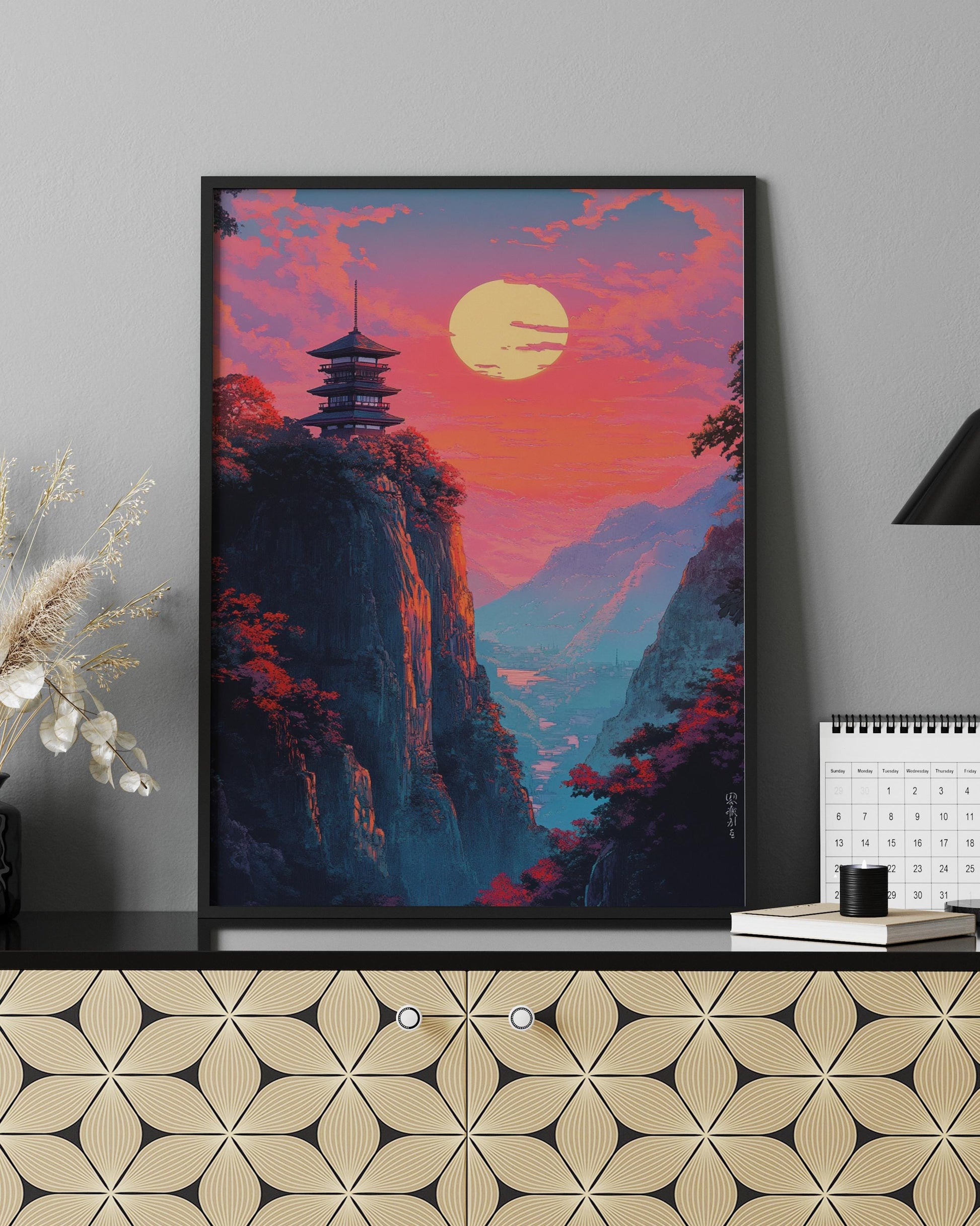 Serene Landscape Poster - Asian Inspired Wall Art, Home Decor, Gift for Nature Lovers, Meditation Aesthetic, Colorful Sunset