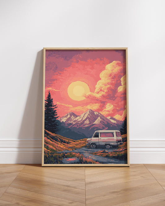 Retro 8 Bit Camping Adventure Poster, Vintage Landscape Wall Art, Boho Home Decor, Nature Photography Print, Unique Gift for Travelers
